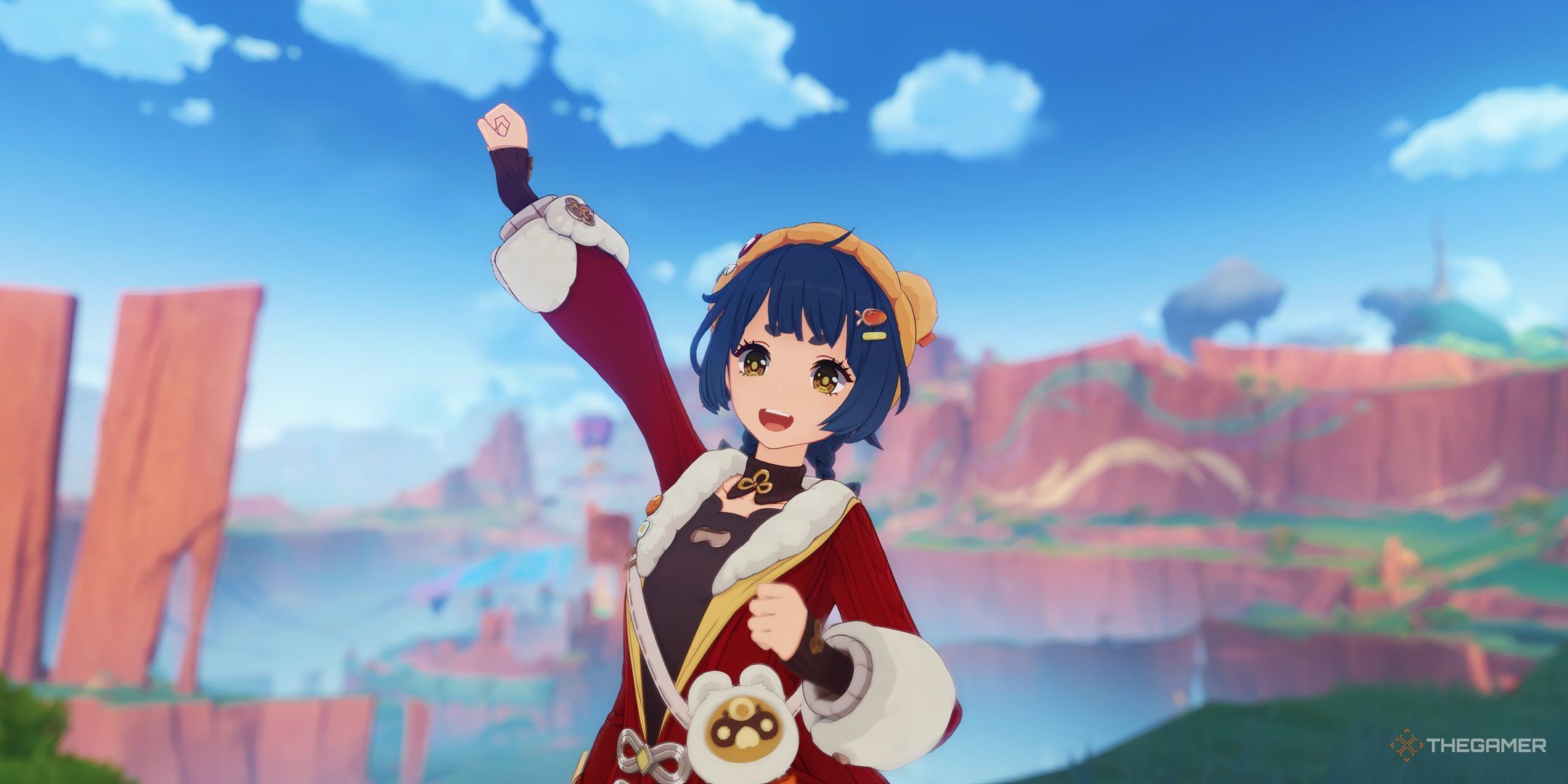 Xiangling from Genshin Impact raising an arm to the sky with a smile on her face.