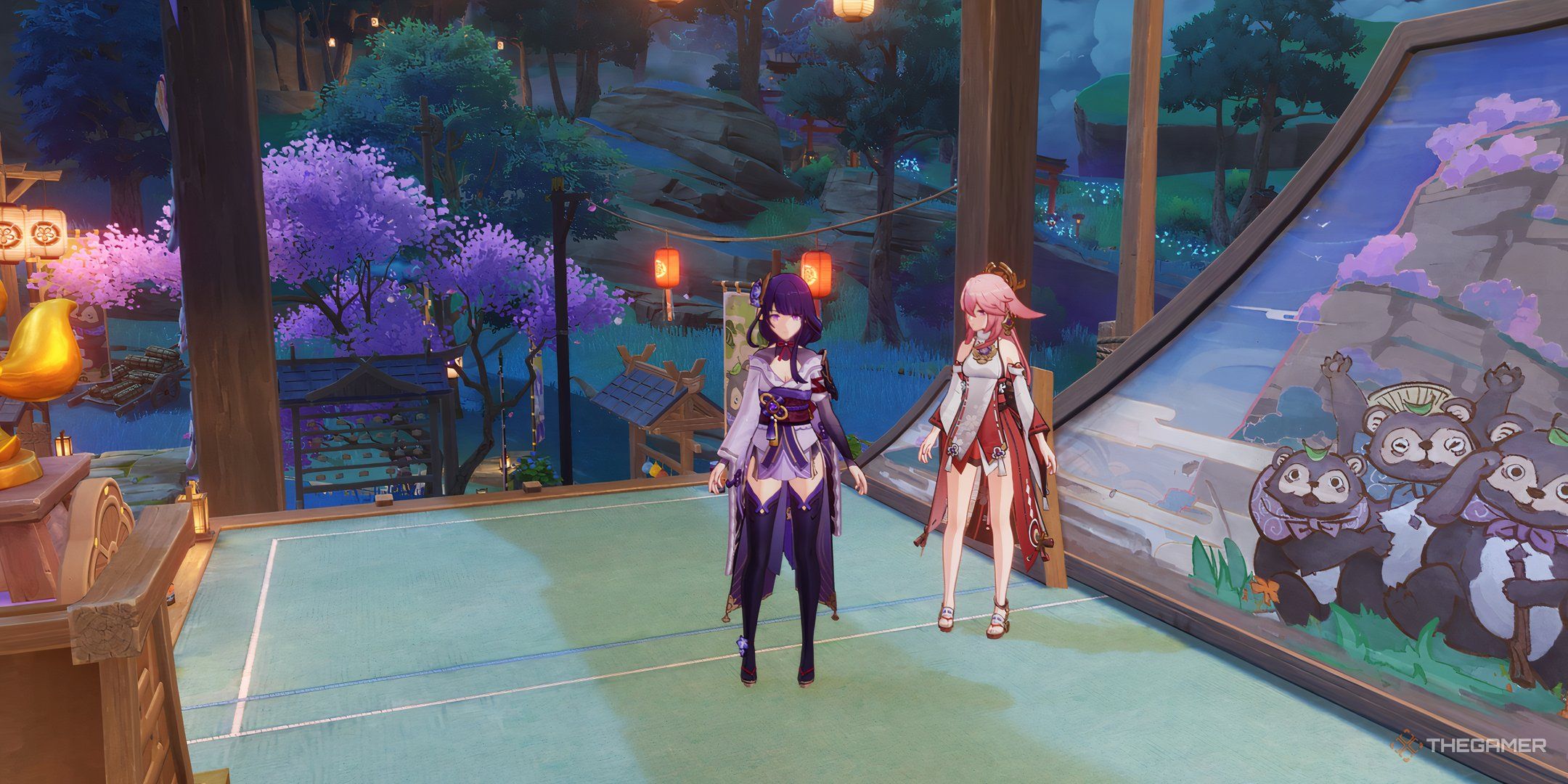 Yae Miko and Raiden Shogun in Enchanted Tales of the Mikawa Festival in Genshin Impact.