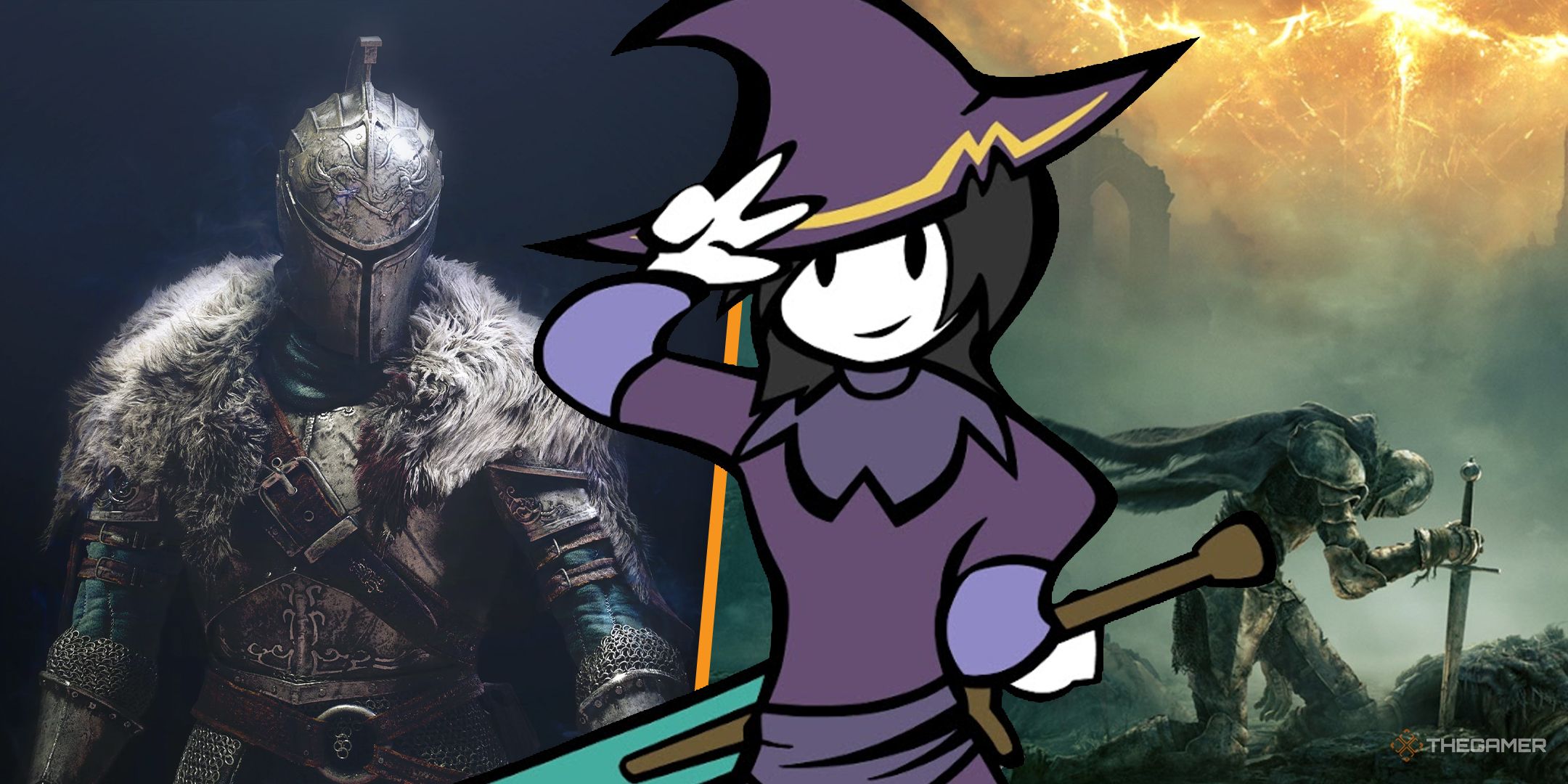 Zullie the Witch in front of Dark Souls 2 and Elden Ring key art.