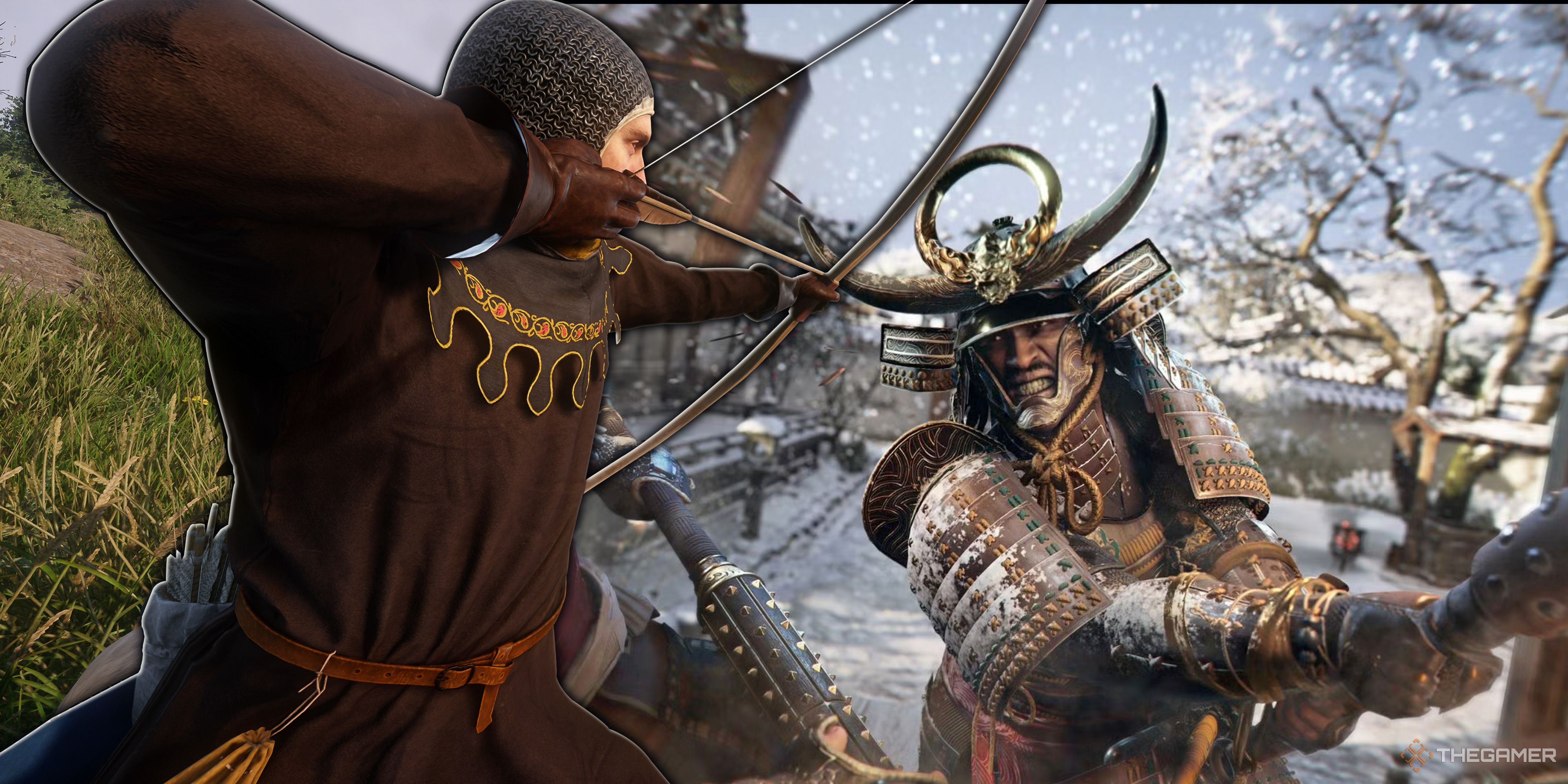 Henry of Skalitz from Kingdom Come: Deliverance 2 points an arrow at Yasuke from Assassin's Creed Shadows.