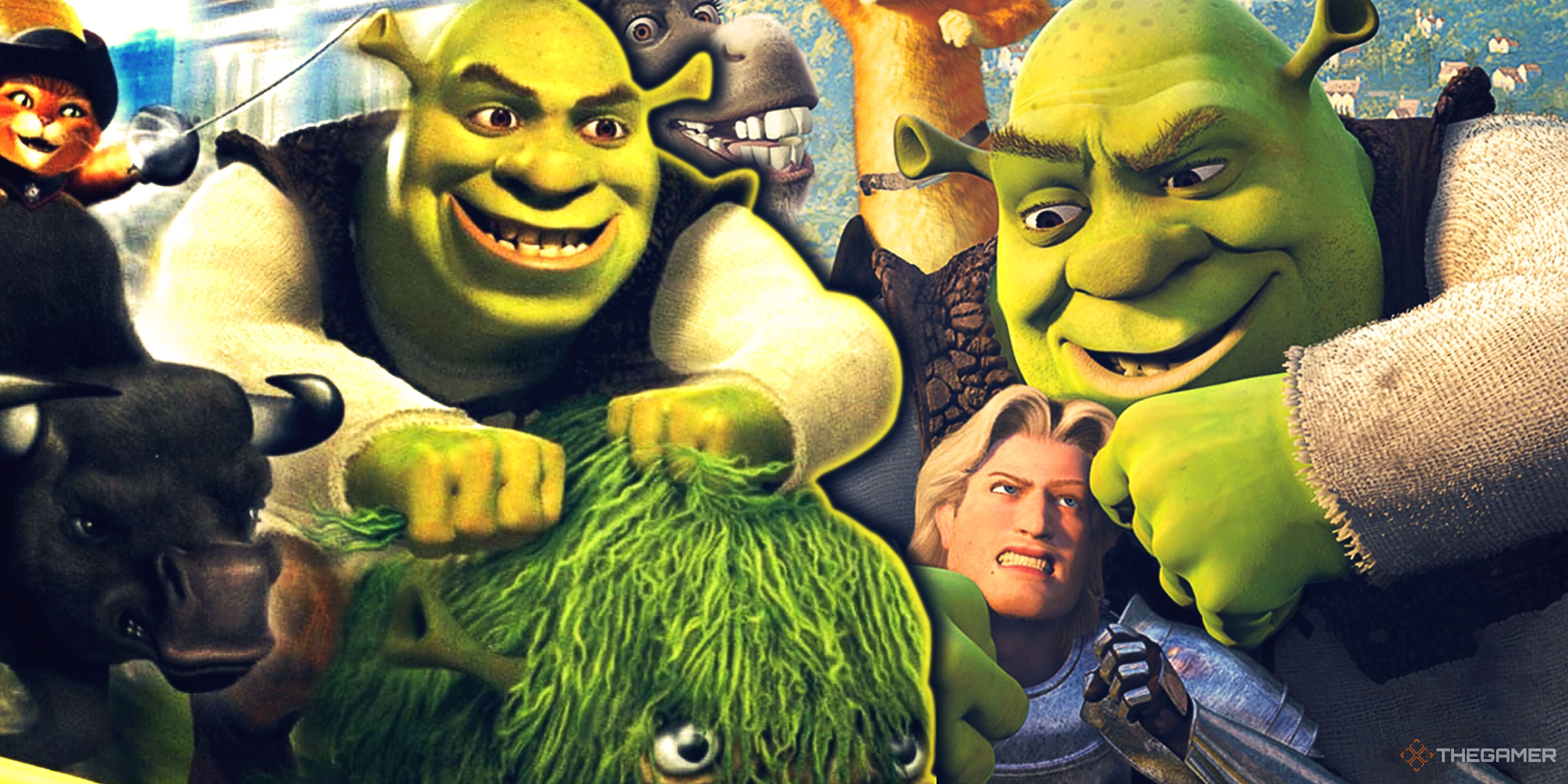 Collage image of key art from Shrek games, including Shrek Smash n' Crash Racing and Shrek SuperSlam.