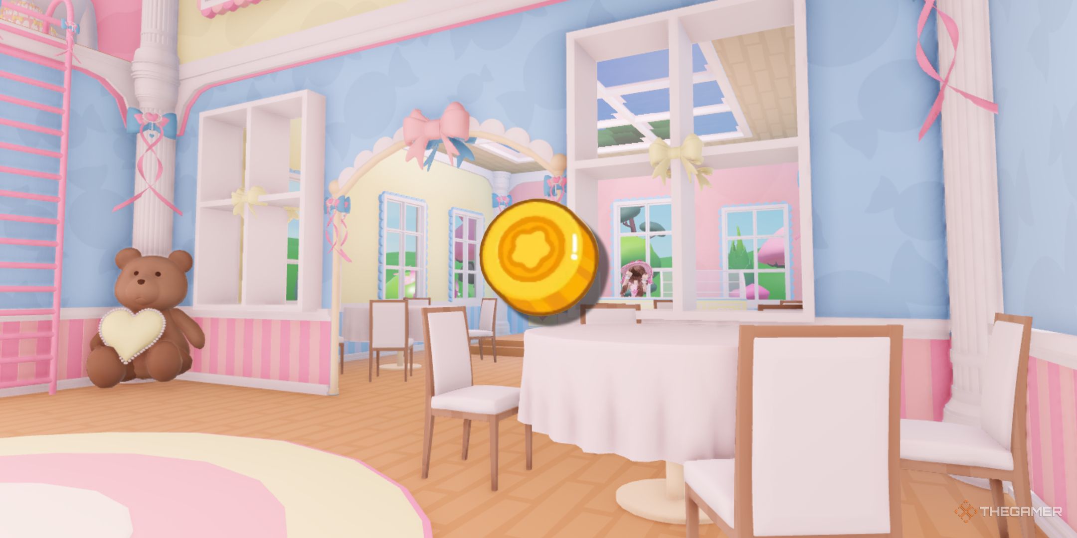 A coin PNG on a background from Cake Off on Roblox.