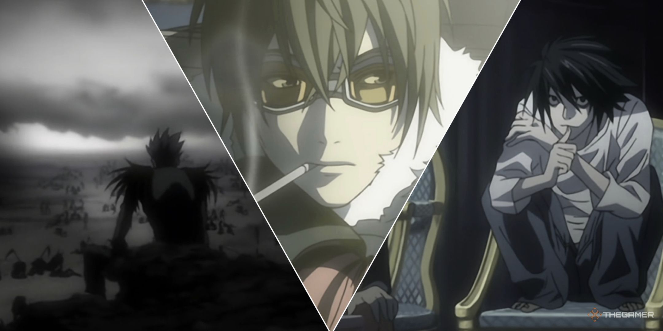 A collage of Death Note moments, including the Shinigami realm, L's thoughts, and Matt smoking a cigarette.