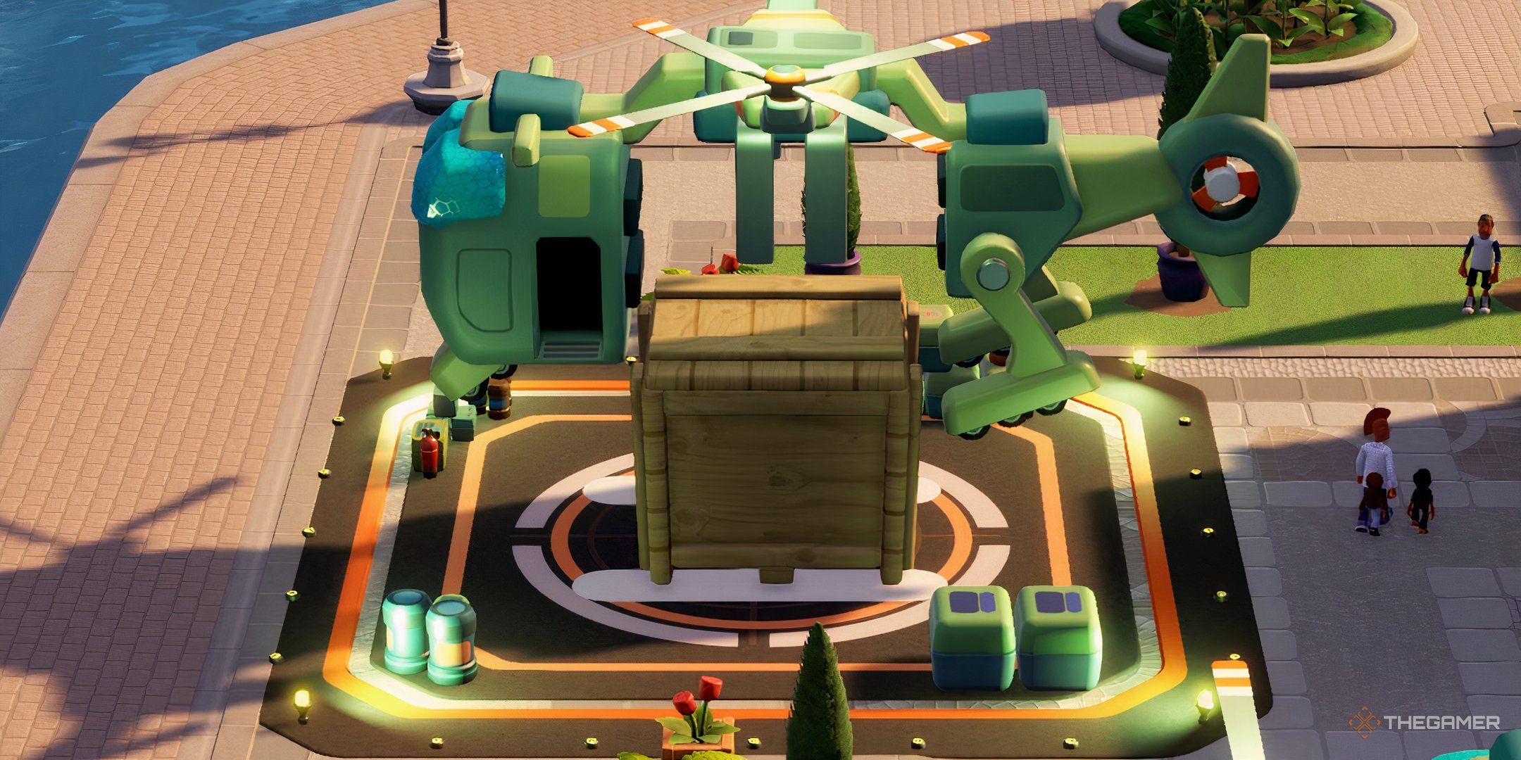 A Helicopter arriving with a new exhibit in Two Point Museum.