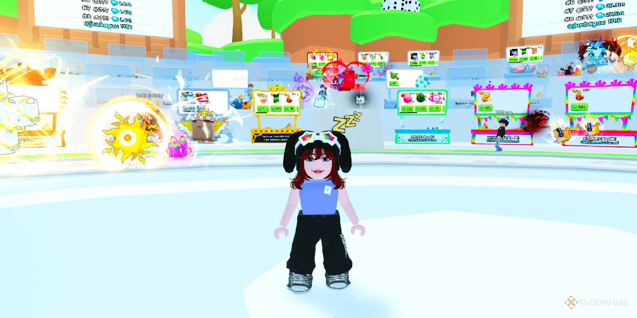 A player stadning in the trading plaza in Pets Go on Roblox.