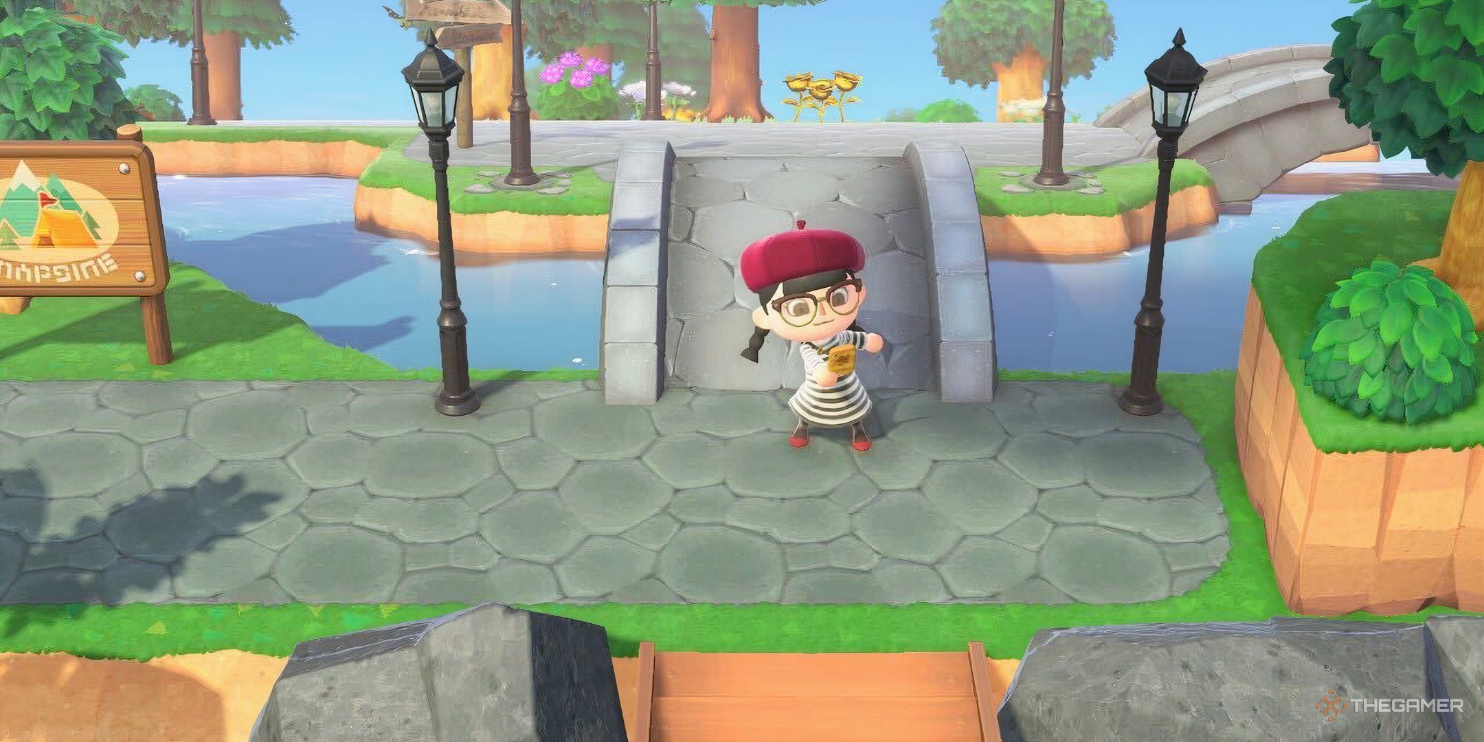 A player taking a photo at the entrance to an island on Animal Crossing New Horizons.