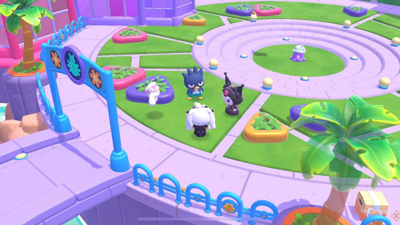 The player talking to Badge-Maru in the city town in Hello Kitty Island Adventure