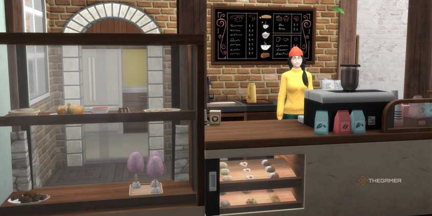A sim behind the counter at a bakery in Sims 4 Businesses & Hobbies