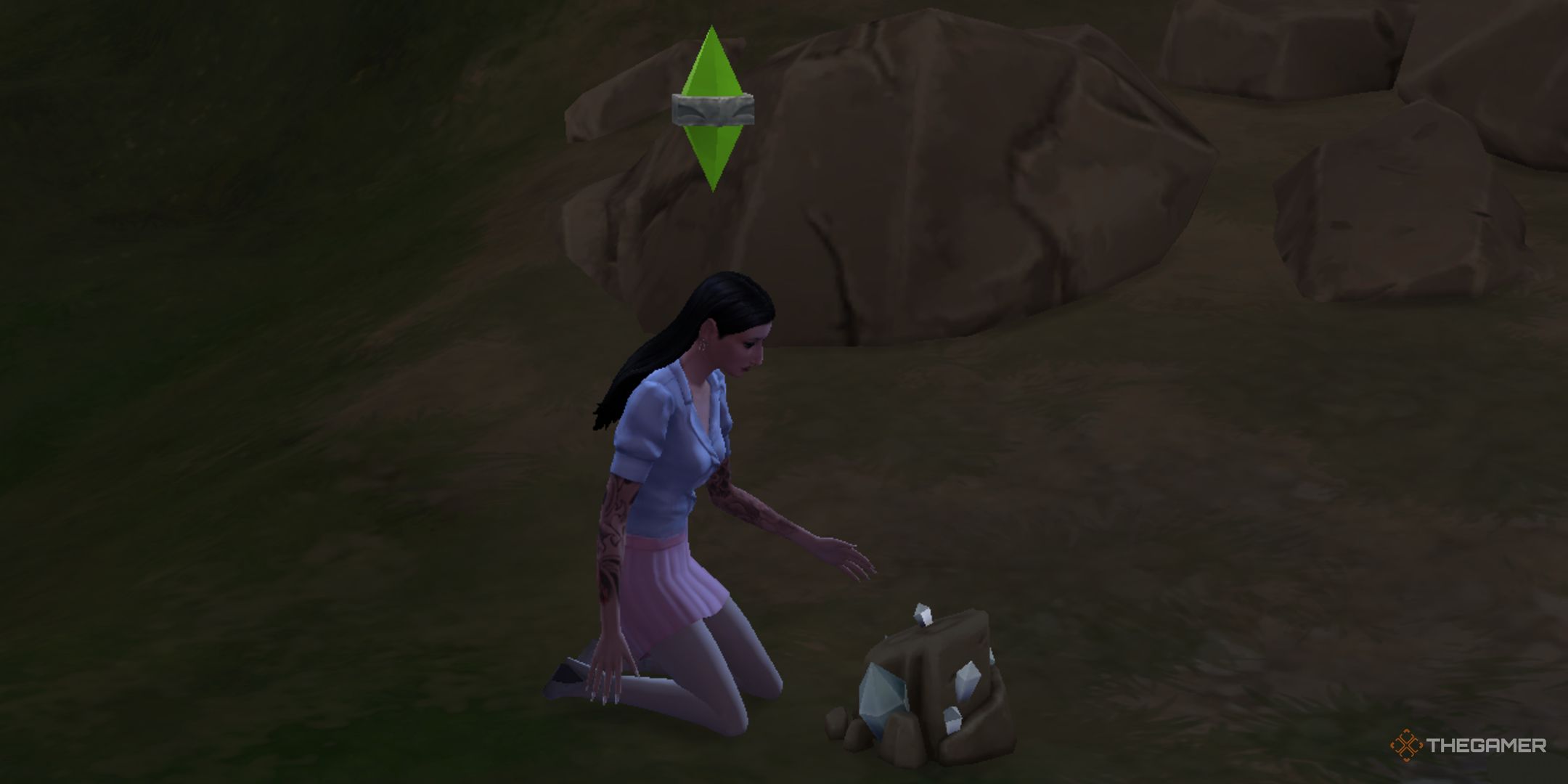 A sim digginf for an element in a rock in The Sims 4.