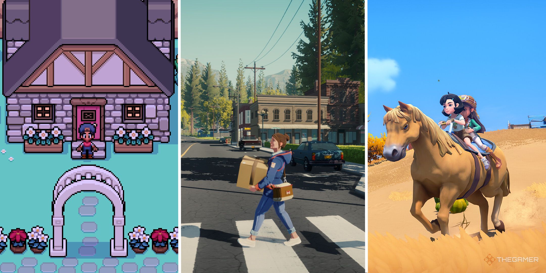 A split image showing Fields of Mistria, Lake, and My Time At Sandrock.