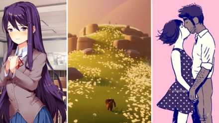 Split image showing screenshots from Doki Doki Literary Club, Arise A Simple Story, and Florence.