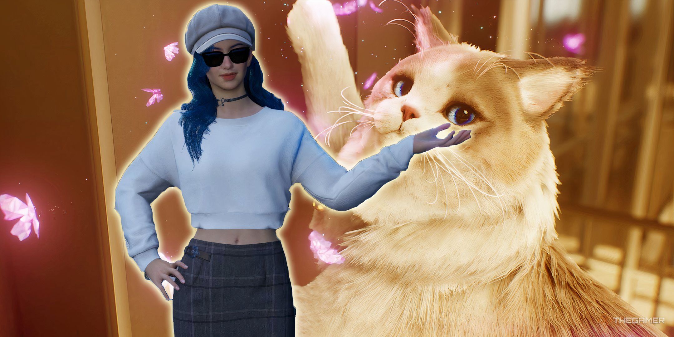 A Zoi standing in front of a cat in InZoi.