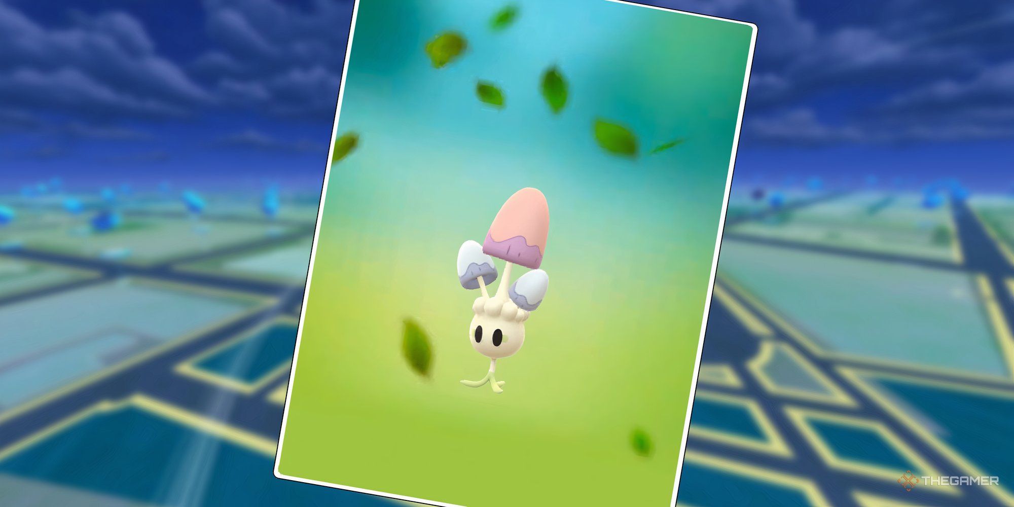 Morelull with a green background with the in-game map from Pokemon Go behind.
