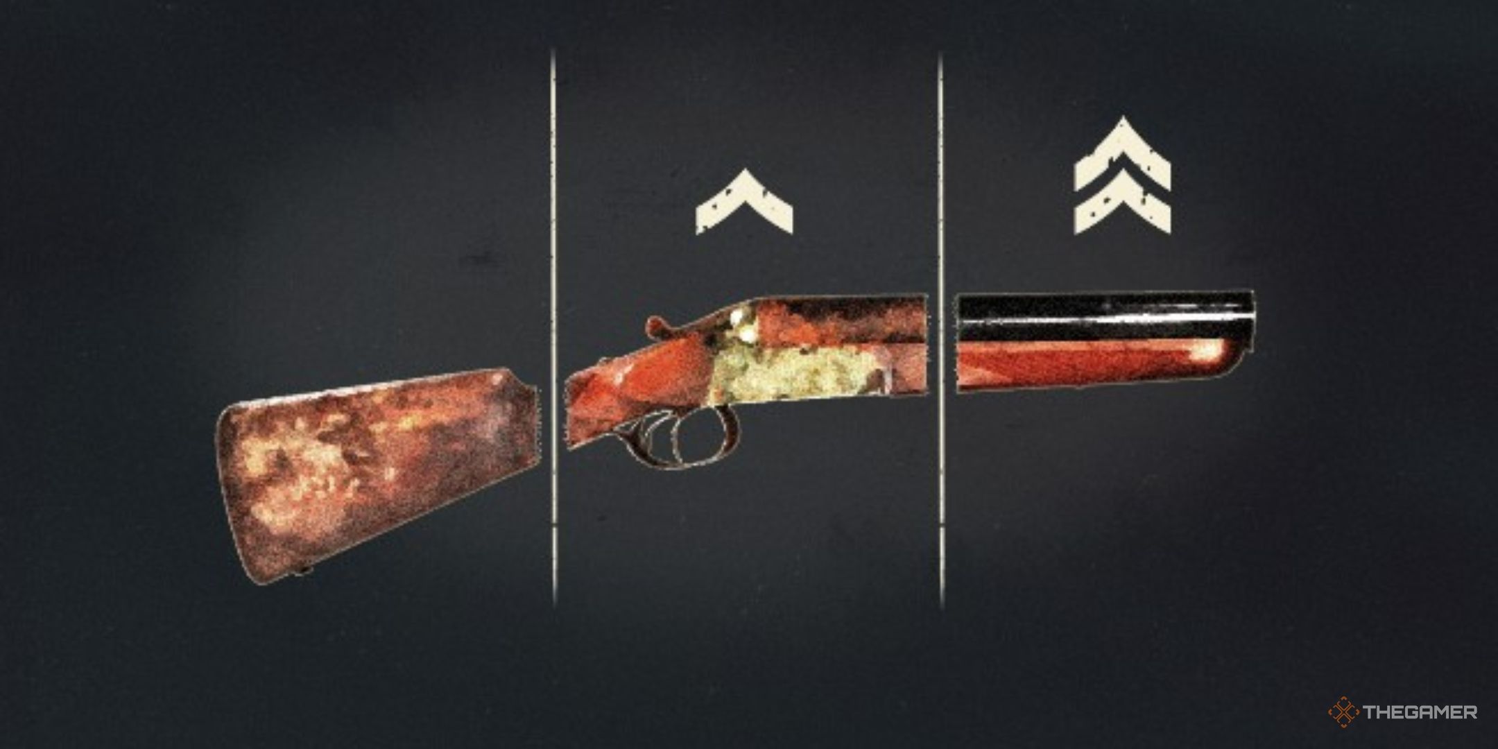 a shotgun in atomfall, divided into three parts to show its rusty, stock, and pristine variants.