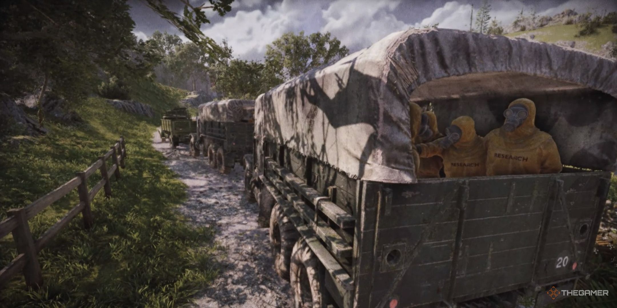 a military convoy with truckloads of scientists in radiation suits heads toward the quarantine zone at the beginning of atomfall.