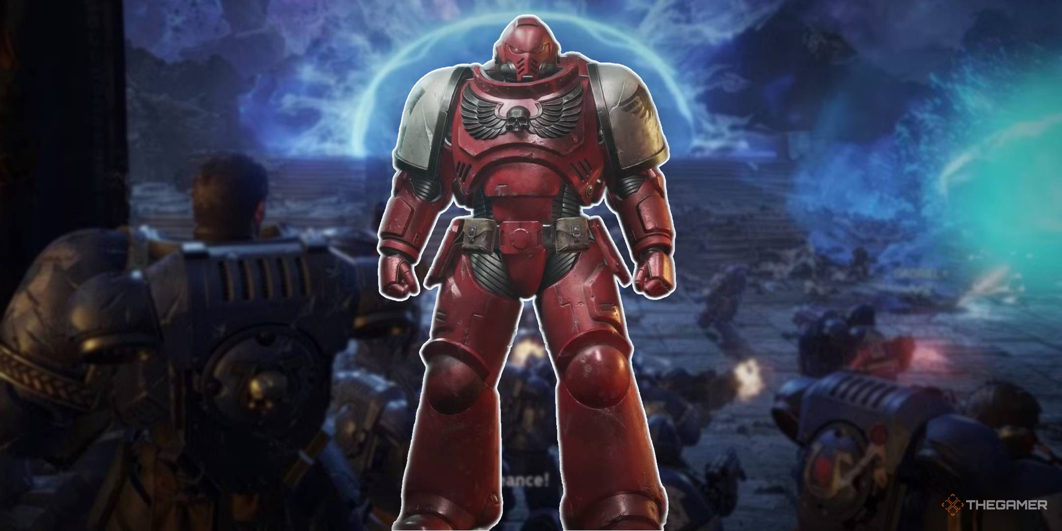 Blood Raven Space Marine in front of a fight from Warhammer 40K Space Marine 2