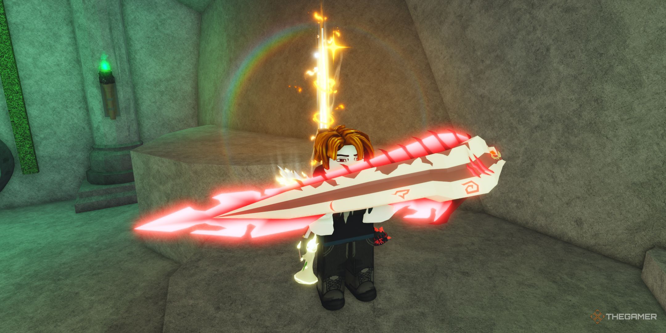 The player character holding Bloodscript Eel with his hands while being in the Cults Curse room in Fisch.