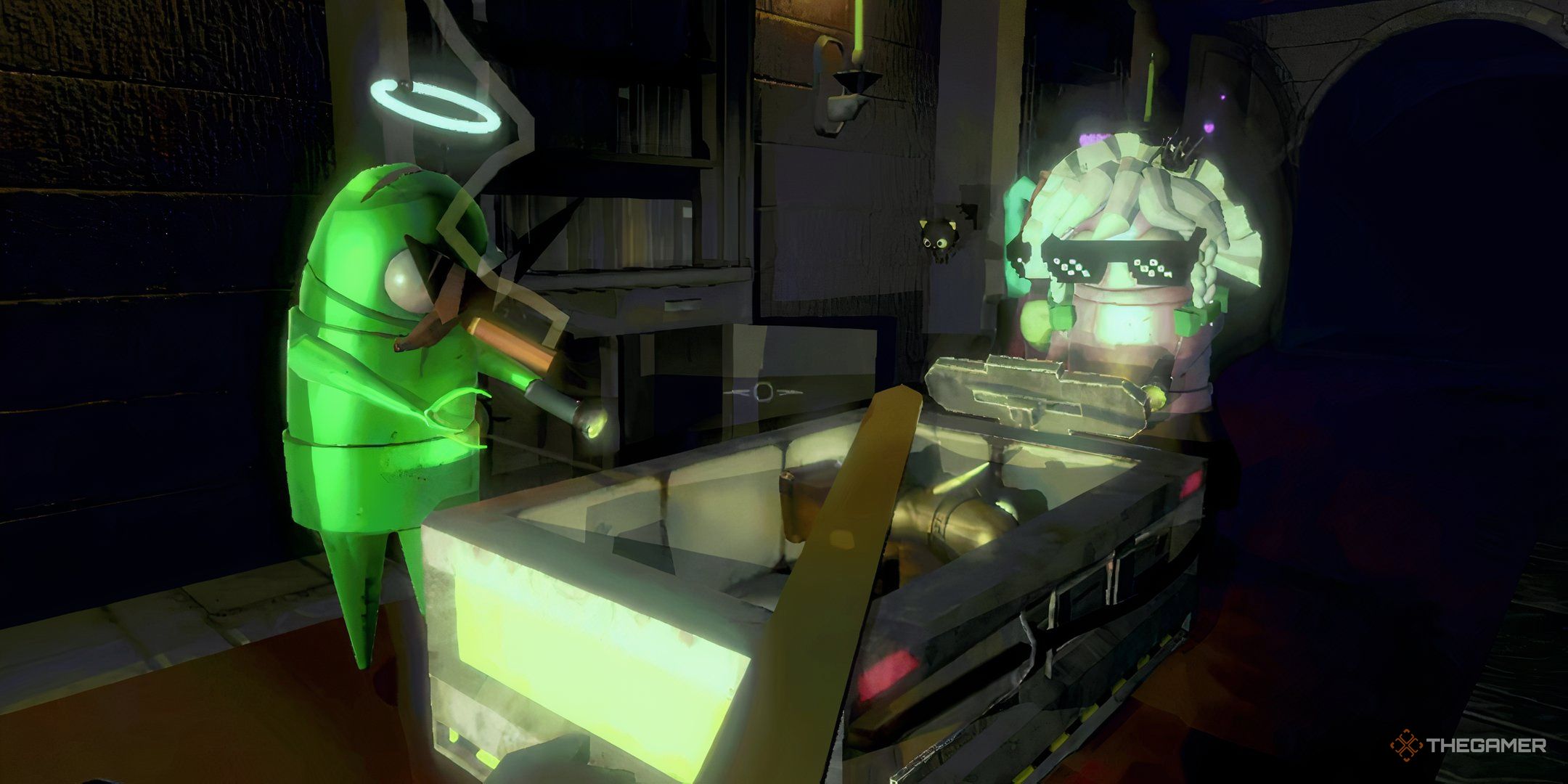 Characters In Repo Wearing Wacky Glasses, Hair, And Other Cosmetics While Loading Valuables Into Cart.