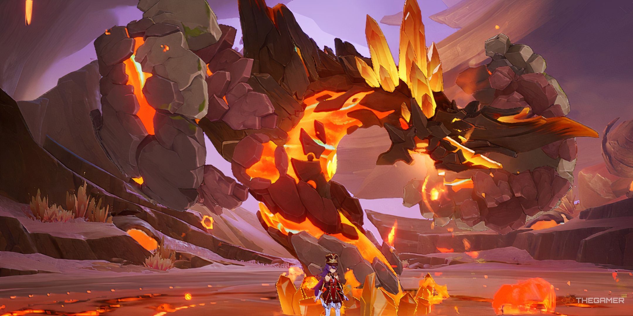 Chevreuse standing in front of the Lava Dragon Statue boss in Genshin Impact.