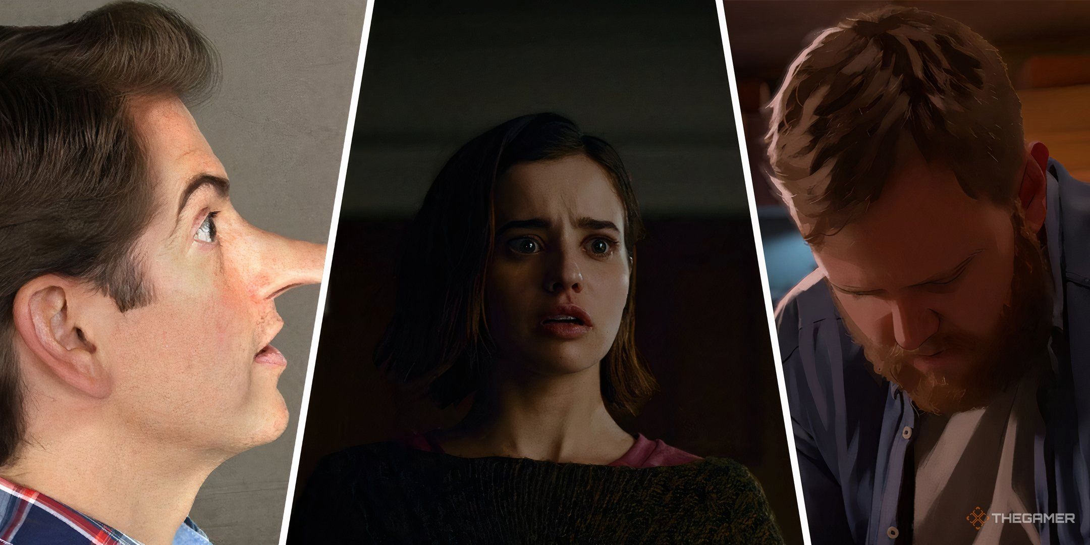 Collage showing images of Fibbage, Erica and As Dusk Falls.