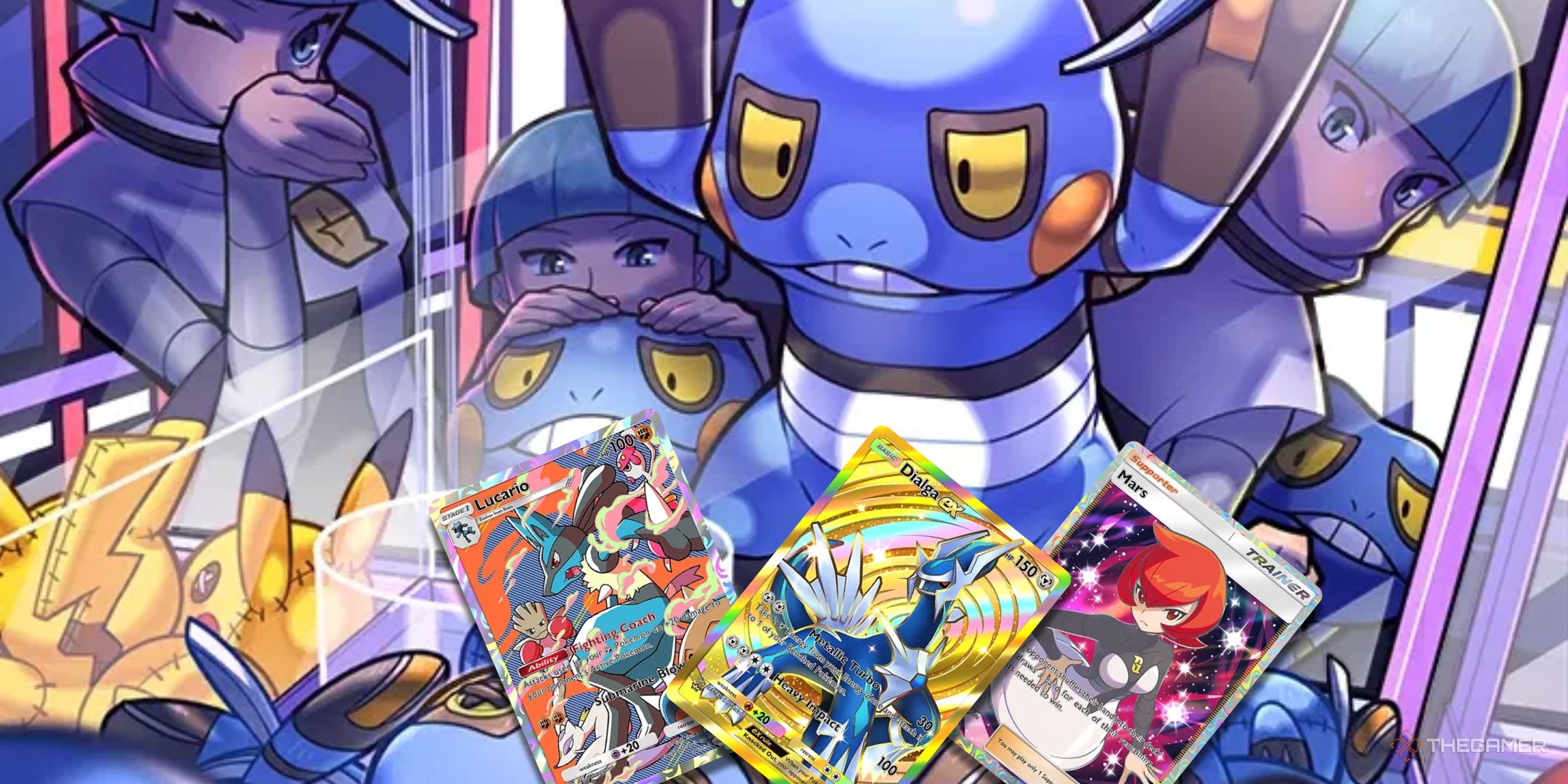 Croagunk staring at some ra cards from Pokemon TCG Pocket Space Time Smackdown.