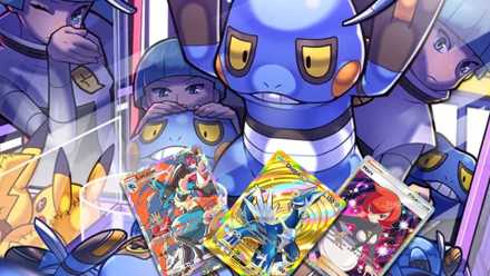 Croagunk is looking at some ra cards from Pokemon TCG Pocket Space Time Smackdown.