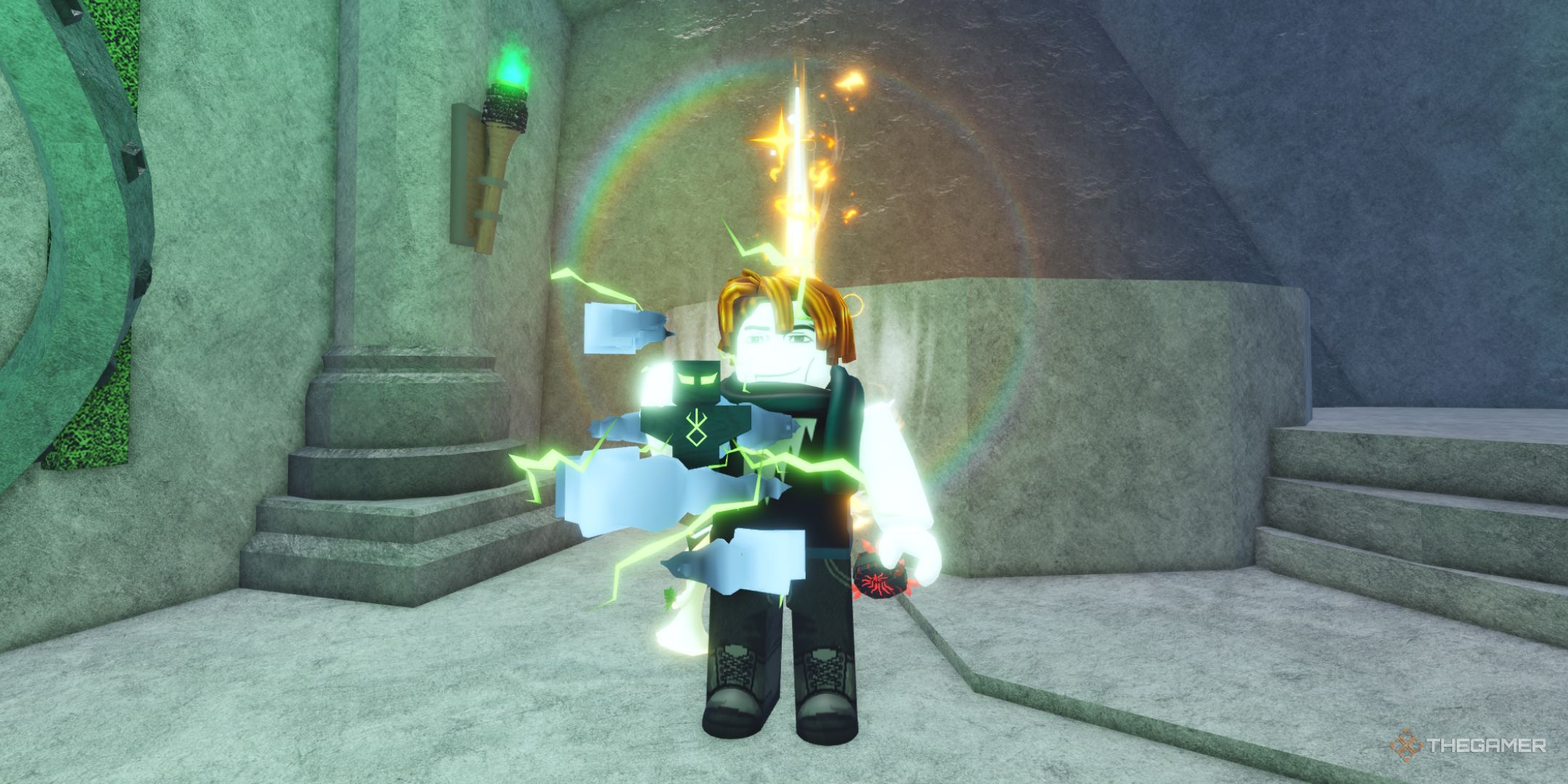 The player character holding a Cursed Storm Totem with his hand in the Cult Curse room in Fisch.