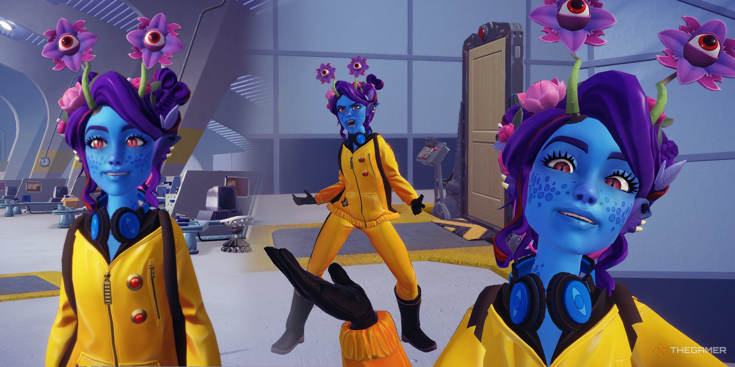 A collage of the avatar wearing monster eye stalks on the laugh floor.