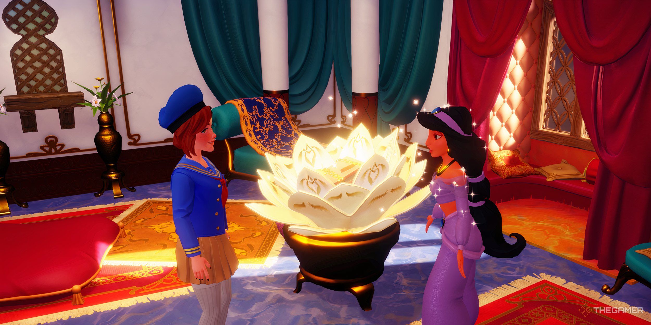 The avatar and Jasmine in front of a blossoming flower.