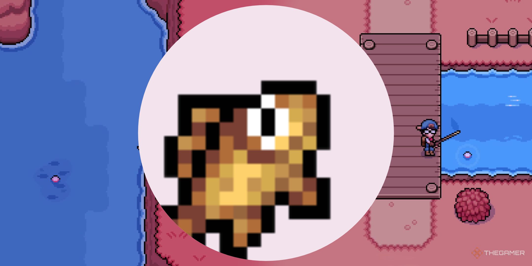 Fish in the Mystria fields in a circle, overlaid on the scenery of the player fishing.