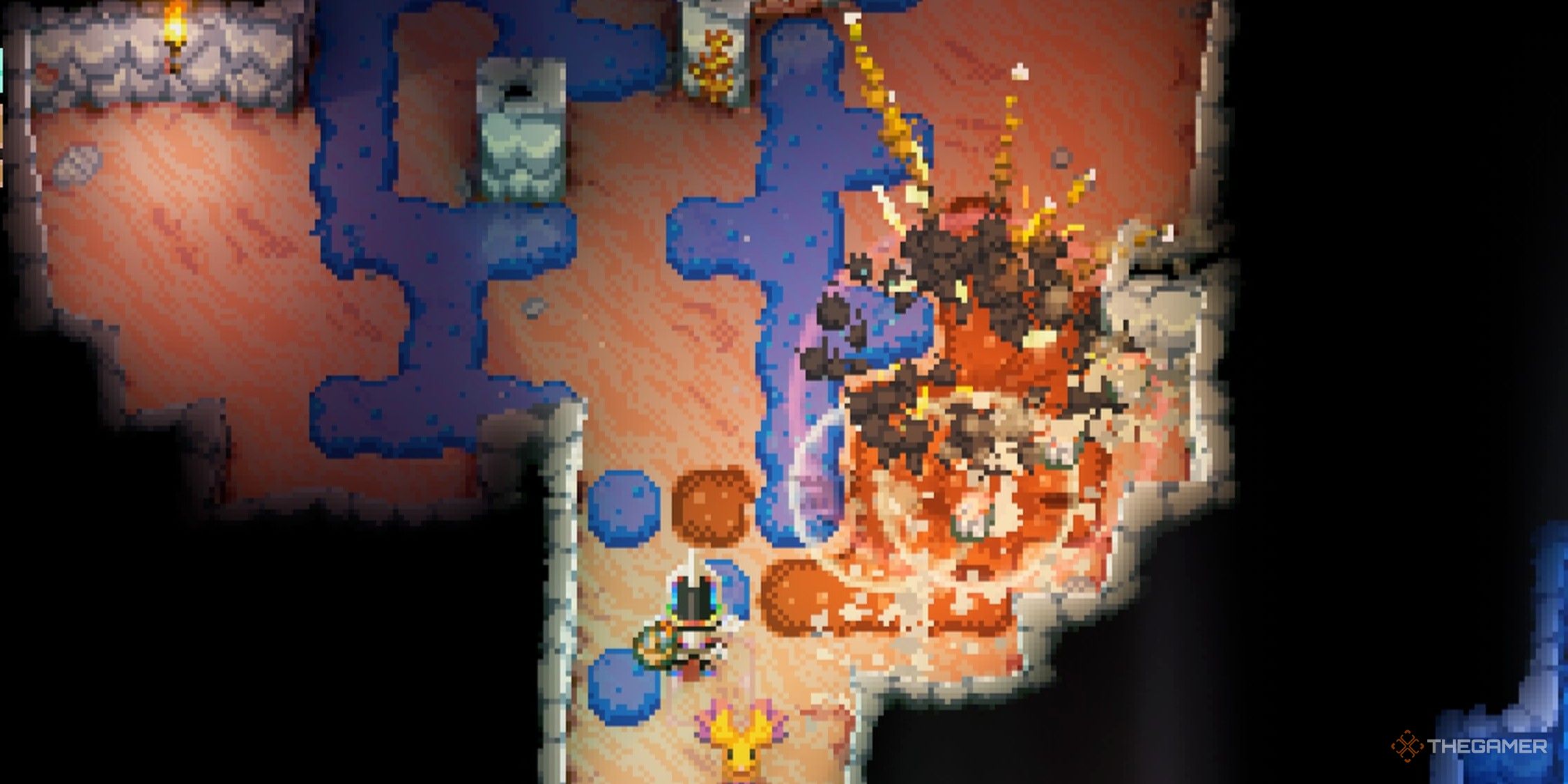 Player character standing near several bombs exploding in the Sunken Sea biome in Core Keeper.