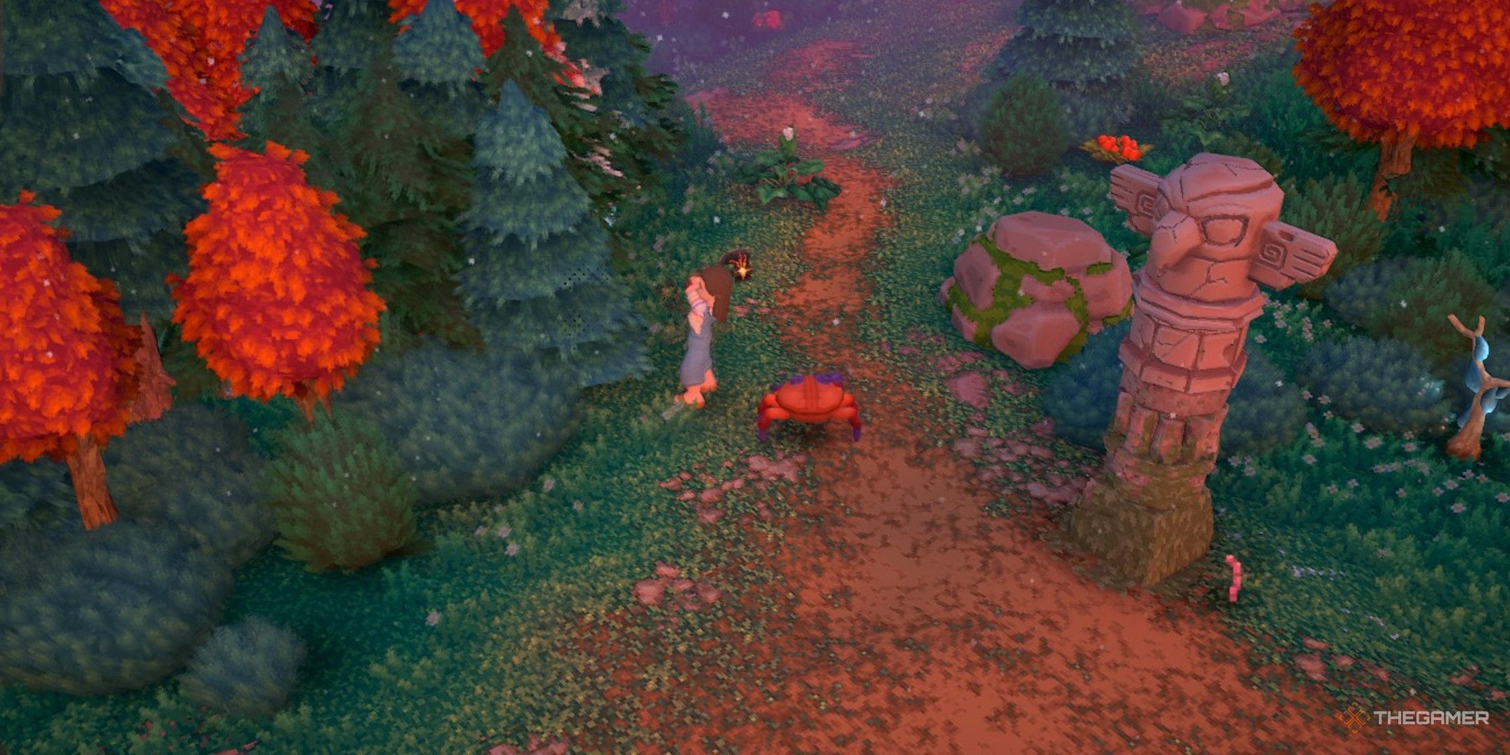 Player character starting to chop down a mountain tree during the evening in Luma Island.