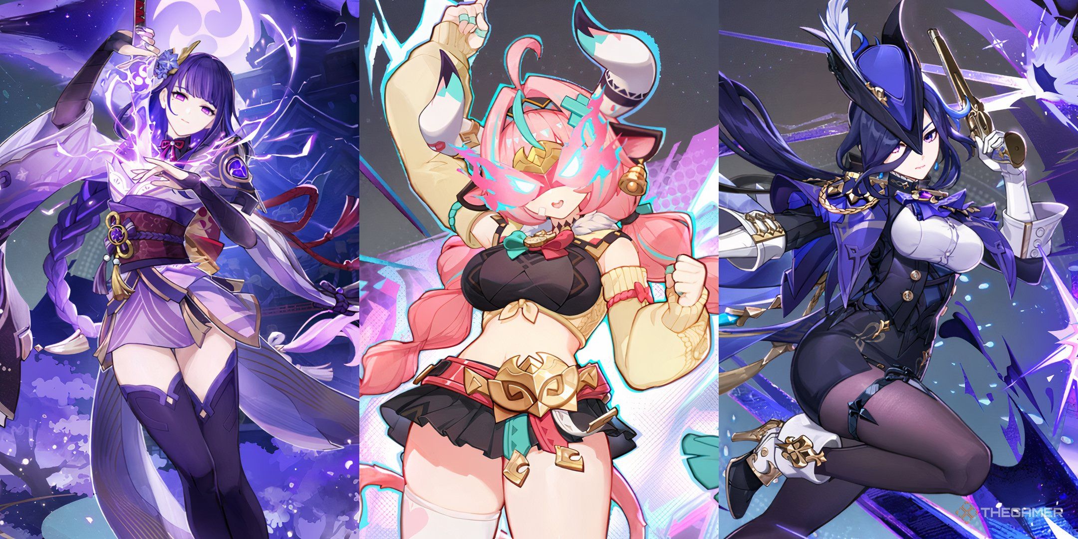 Genshin Impact Raiden Shogun, Varesa, and Clorinde's splash art together.