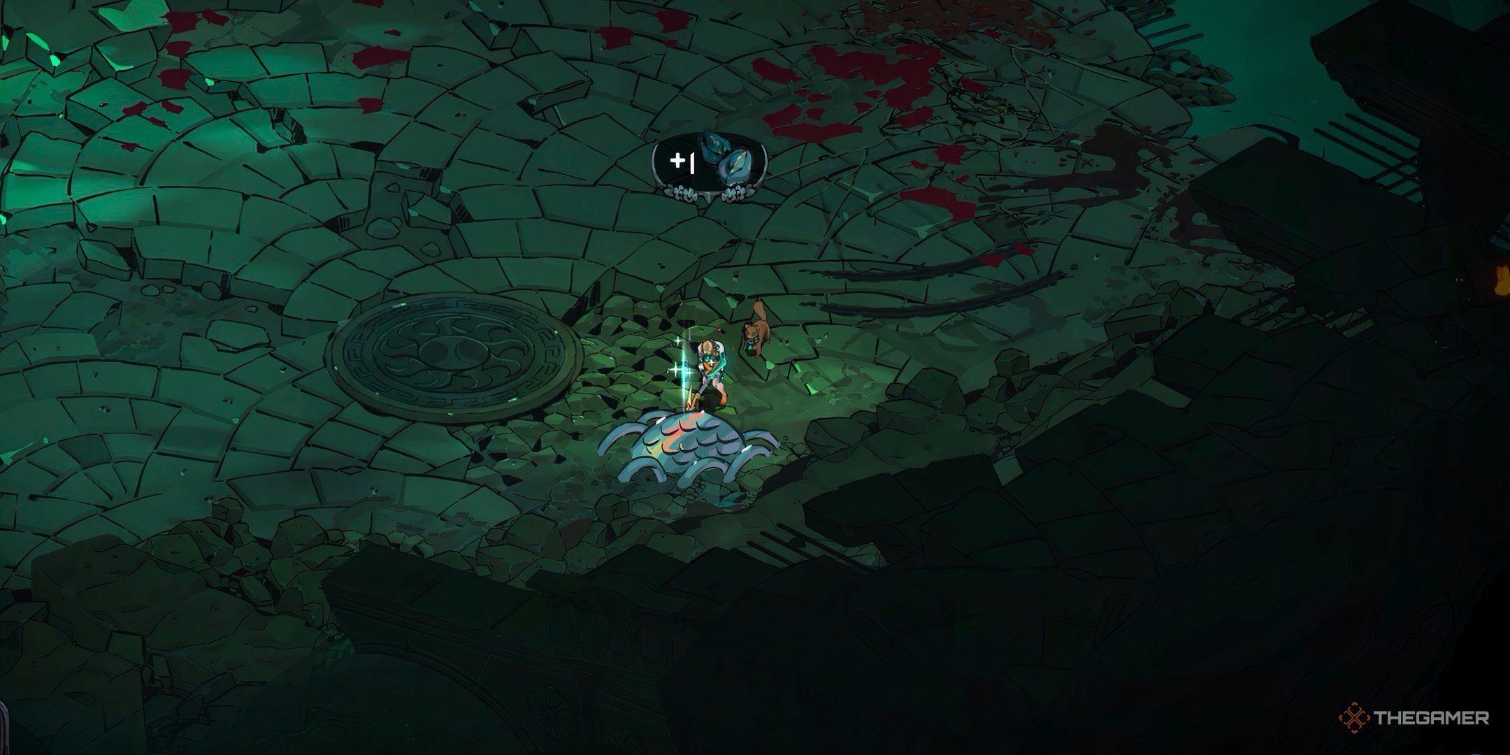 Melinoë mining Serpent Scales. They're a blue-green mound with a rainbow iridescent sheen.