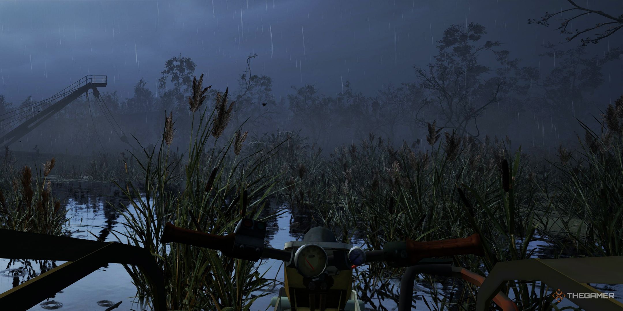 Half-Life 2 speedboat driving through a swamp in Stalker 2.