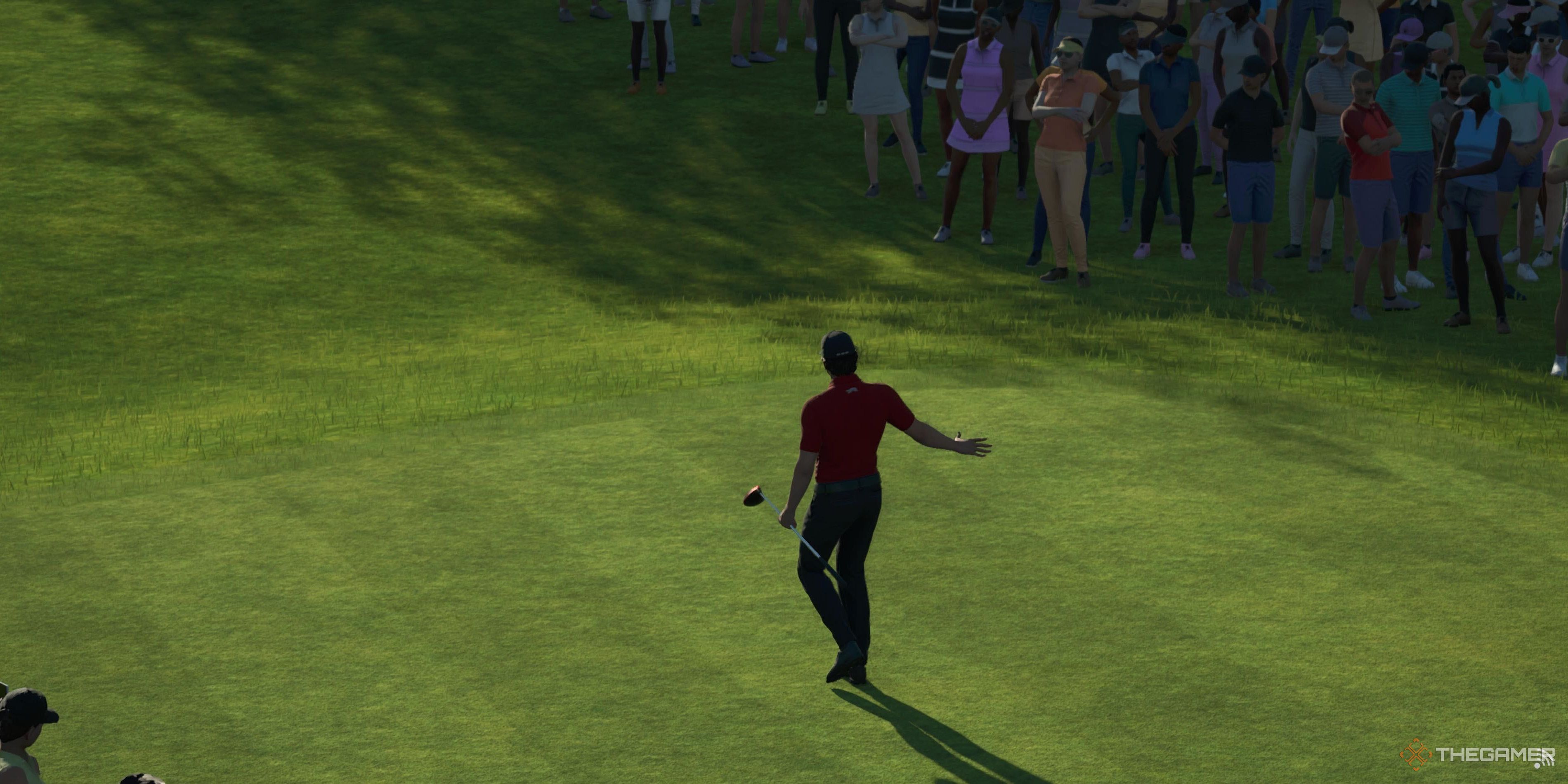 A player walking and pointing in PGA Tour 2K25.