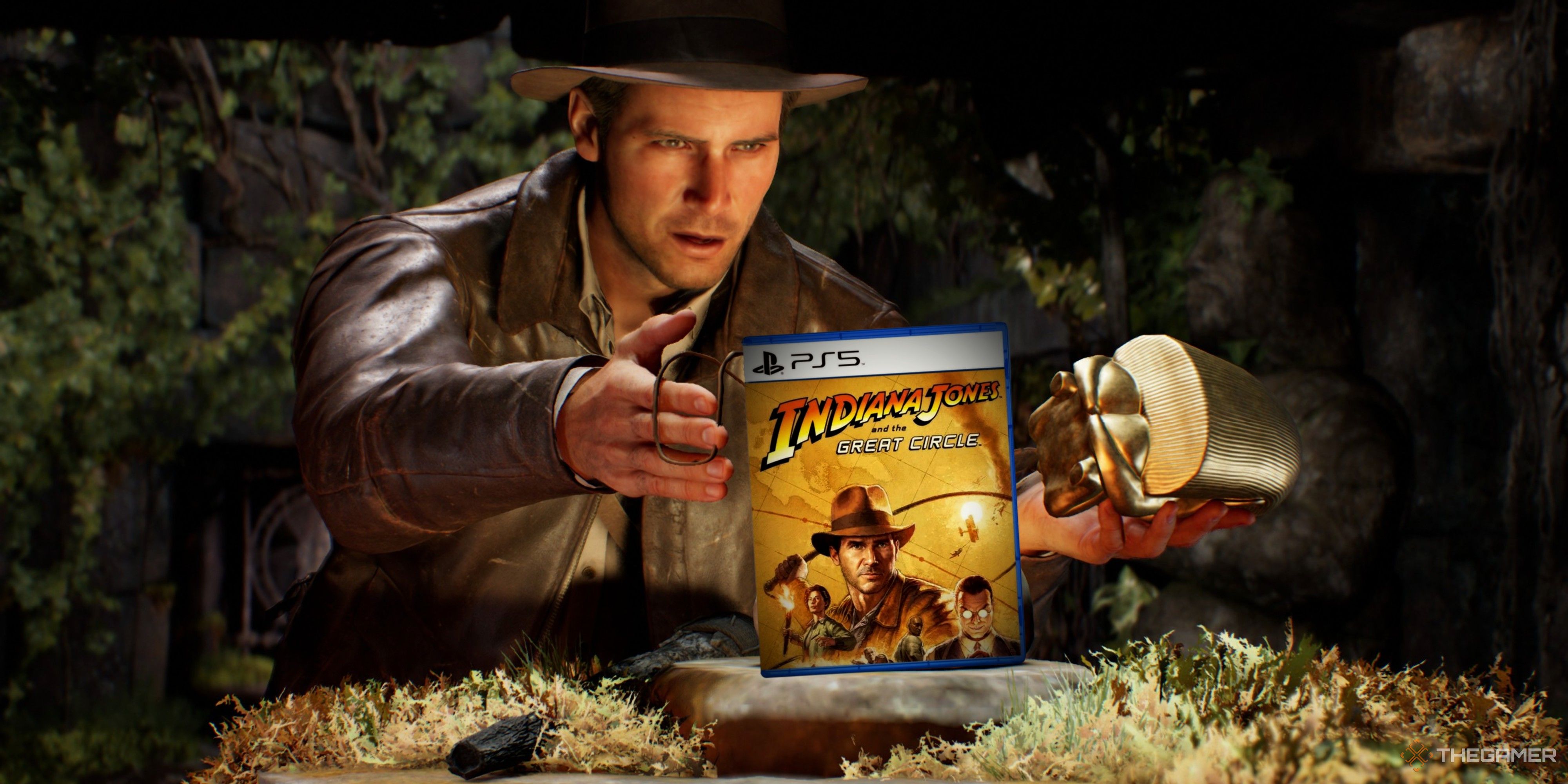 indiana jones about to pick up a ps5 copy of the great circle.