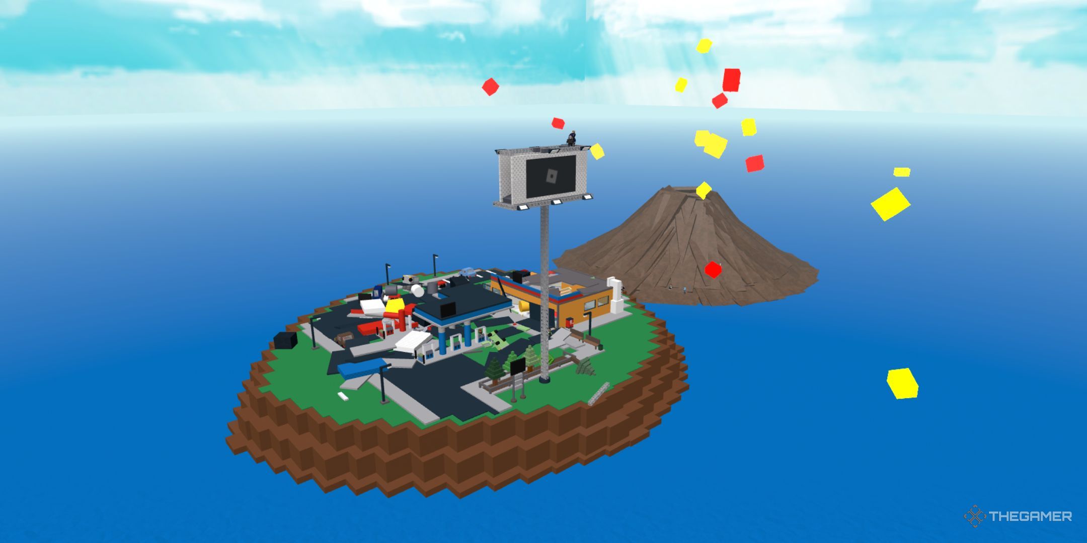 The player character shows an island where other players face a natural disaster in Natural Disaster Survival.