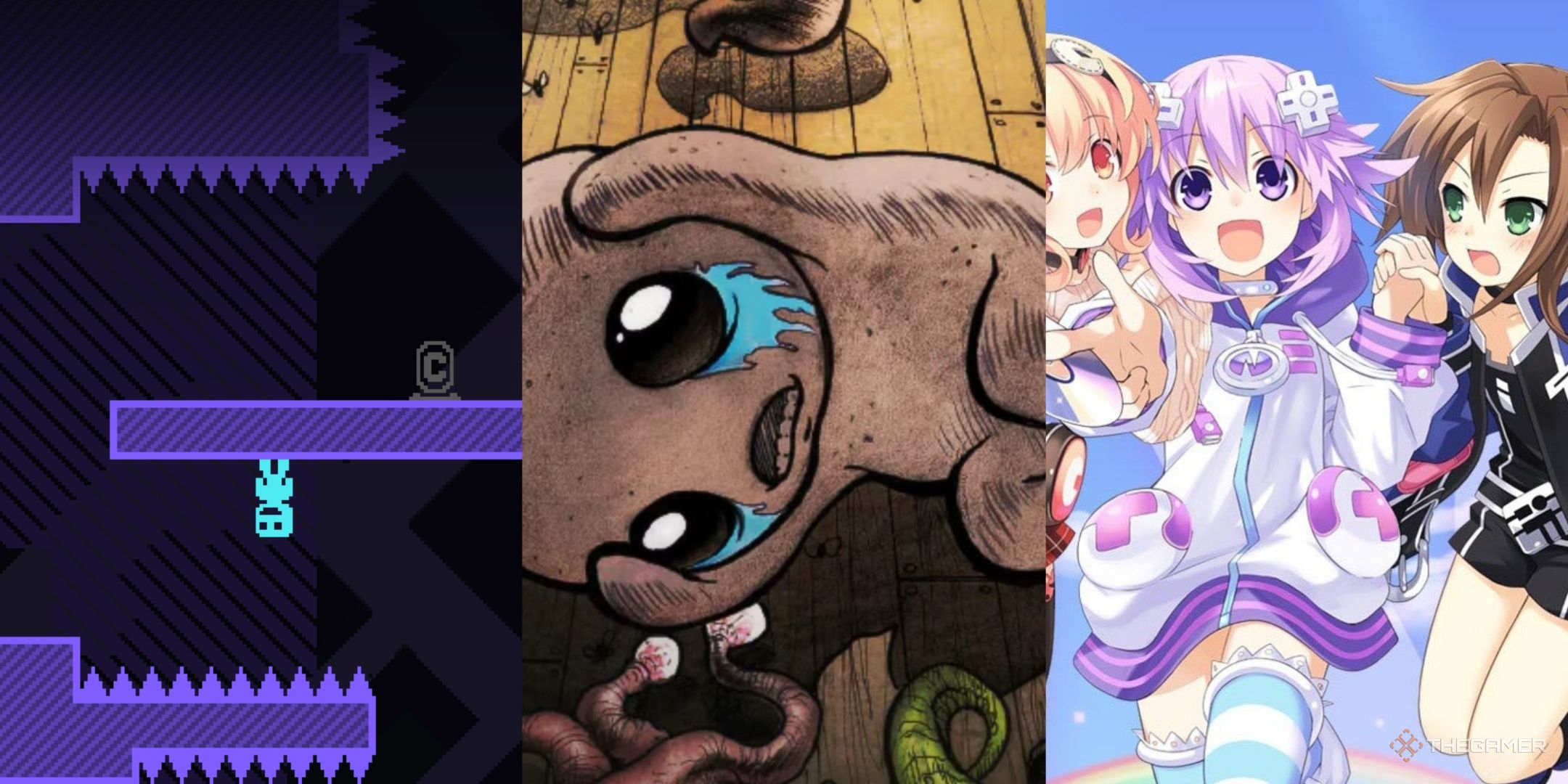 Key art for VVVVVV, The Binding of Isaac Rebirth, and Hyperdimension Neptunia Rebirth1