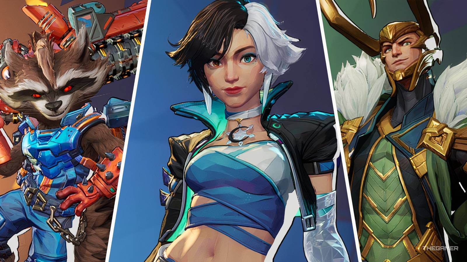 L-R: A screenshot of Rocket Raccoon, Luna Snow, and Loki from the video game Marvel Rivals.