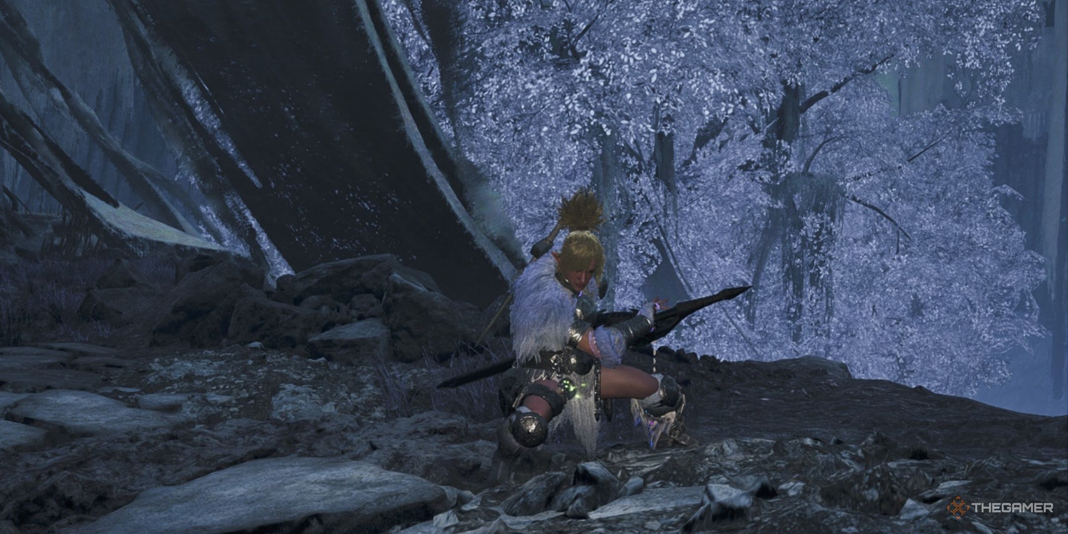 A hunter with a sheathed long sword in monster hunter wilds.