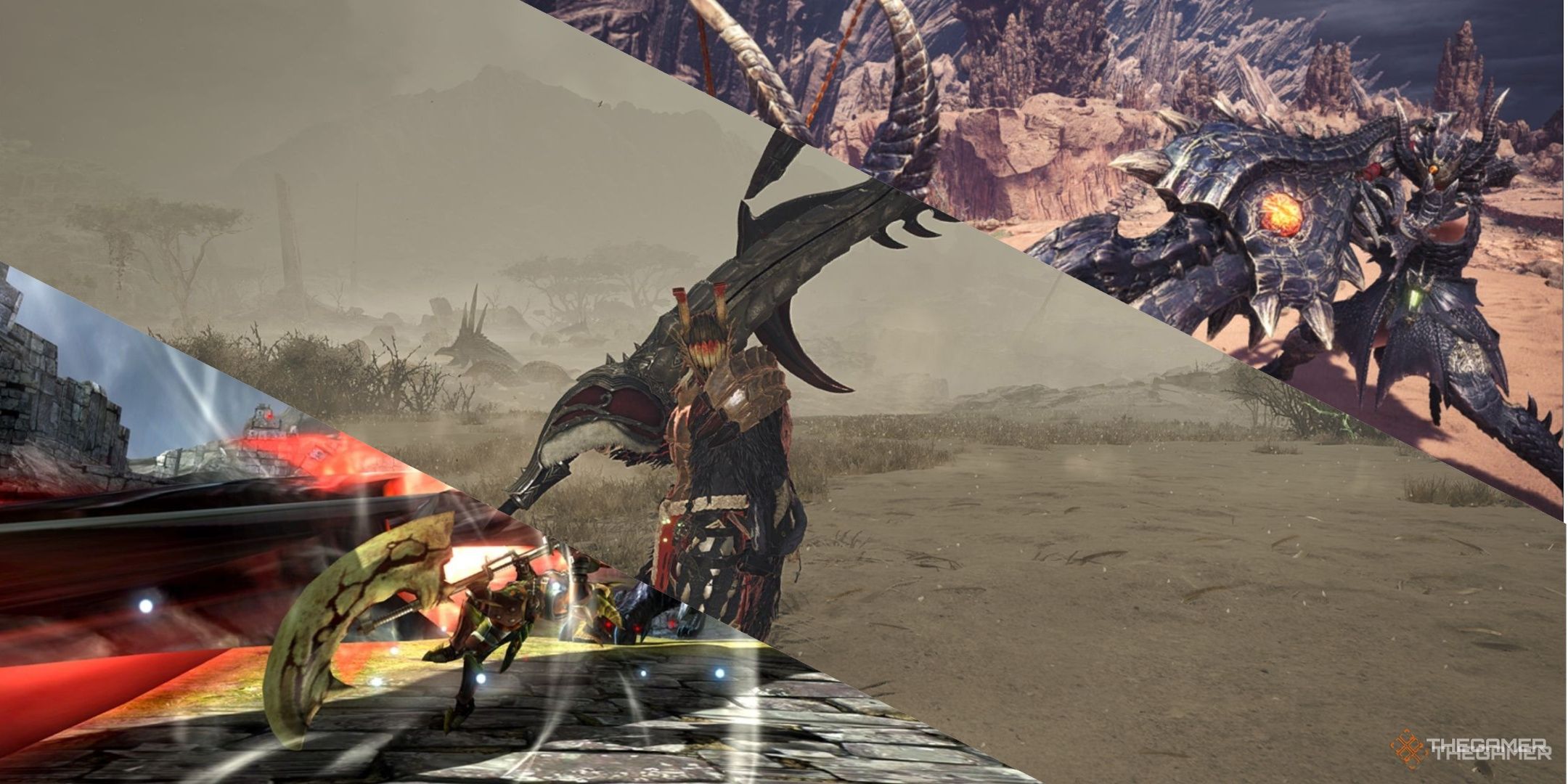 A hunter dodging valstrax in monster hunter generations, a hunter with a switch axe in monster hunter wilds, and hunters with fatalis gear in monster hunter world.