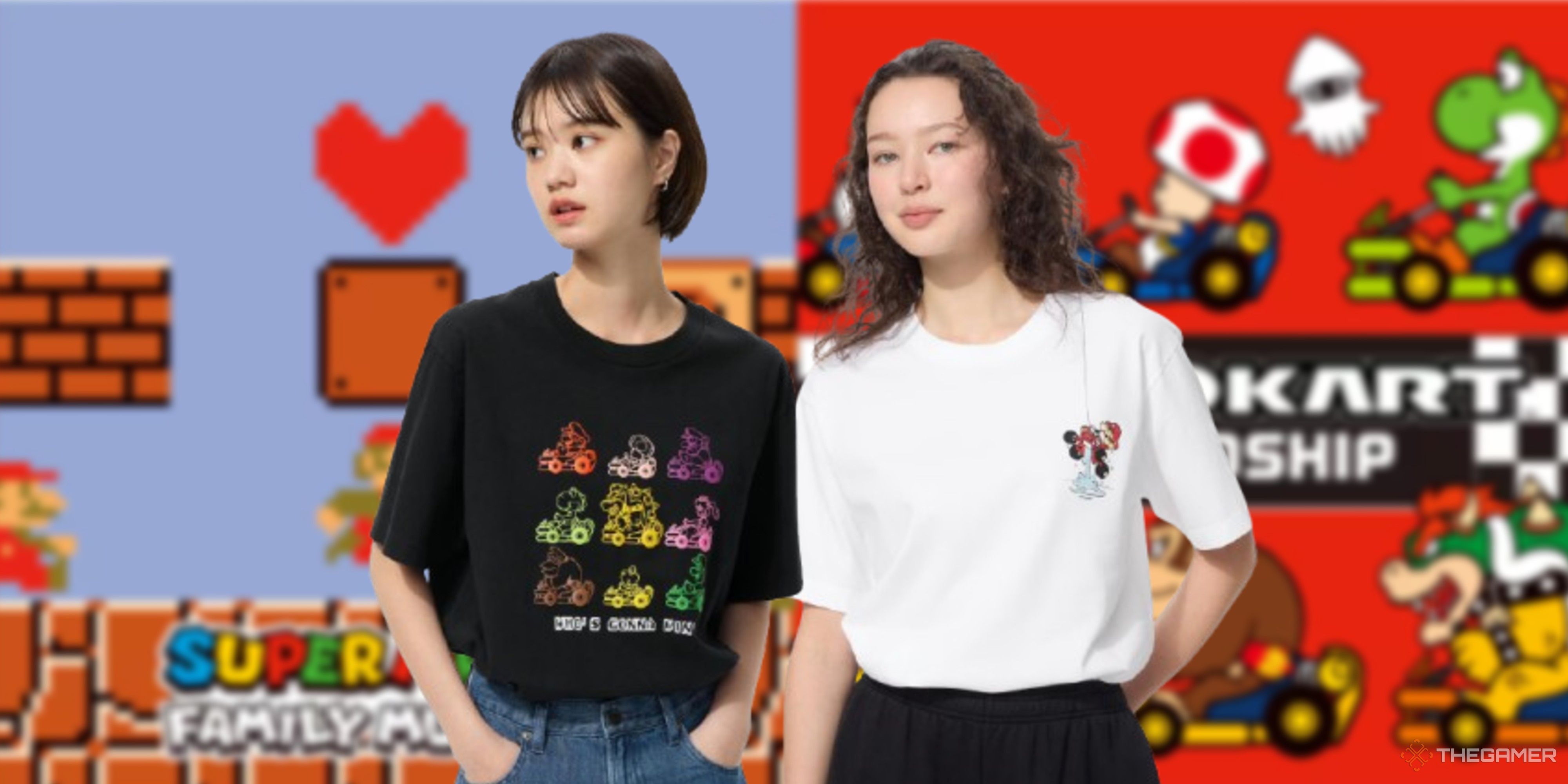 Models wearing Uniqlo Mario t-shirts on a Mario background.