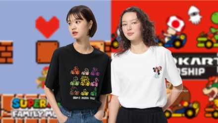 Models wearing Uniqlo Mario t-shirts on a Mario background.