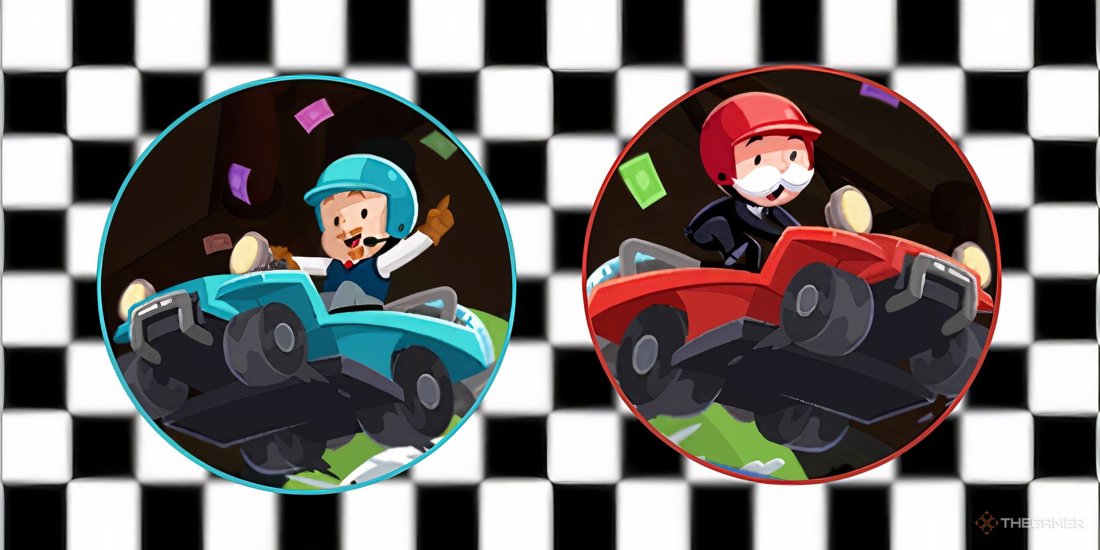 Mr. Monopoly and a friend racing against a checkered flag background for the March Tycoon Racers rewards guide in Monopoly Go.