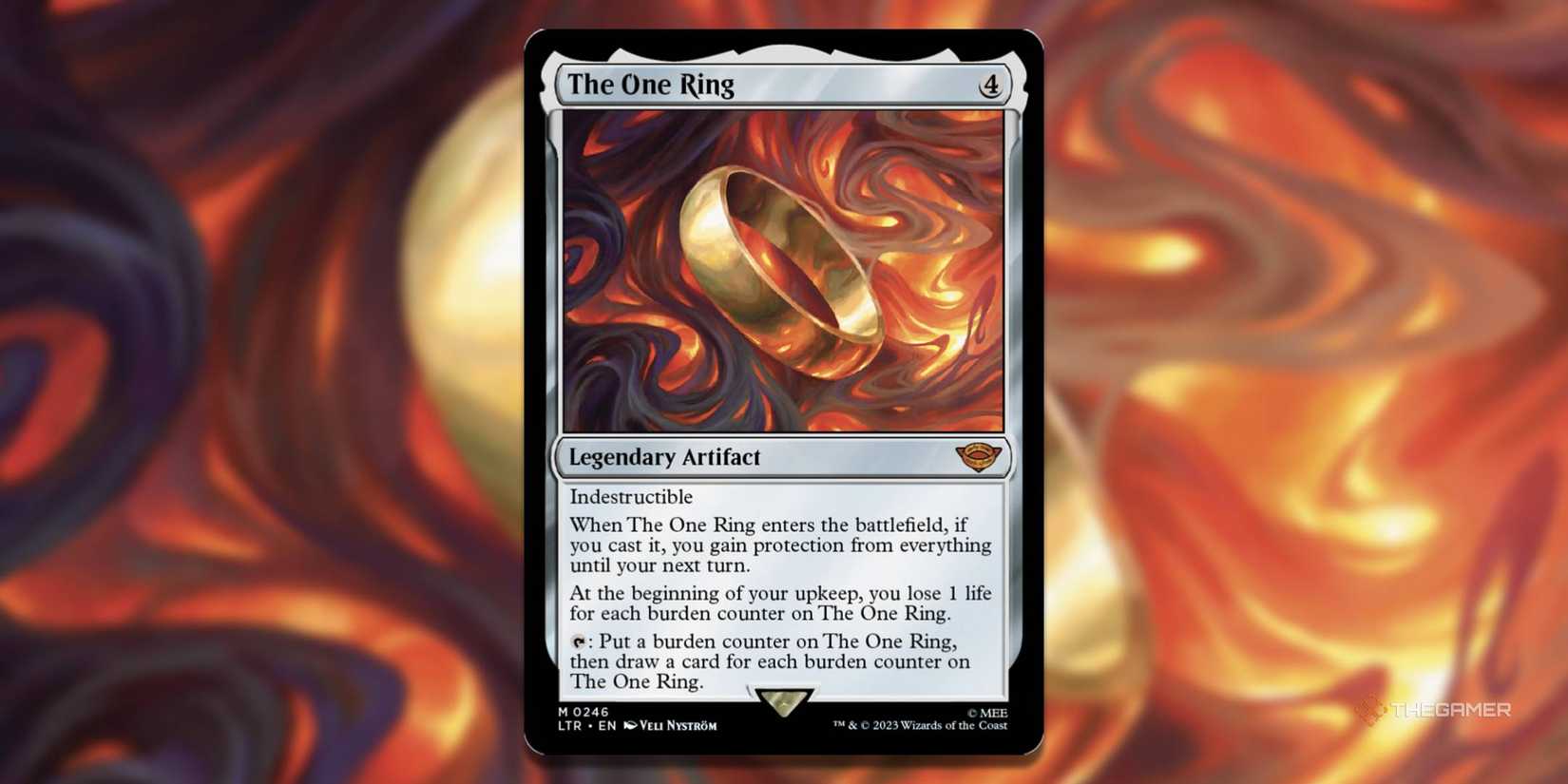 One ring card with art in the MTG background.
