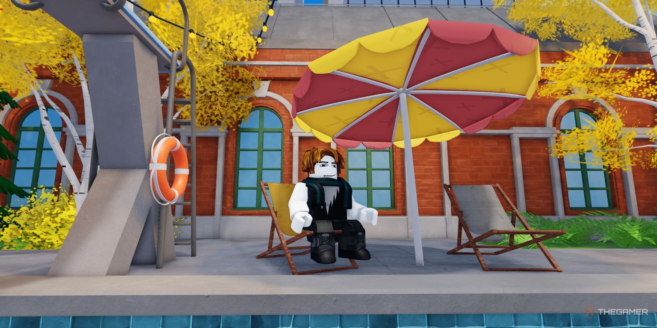 The player character sits on a beach chair next to the pool in the main lobby in Clip It.