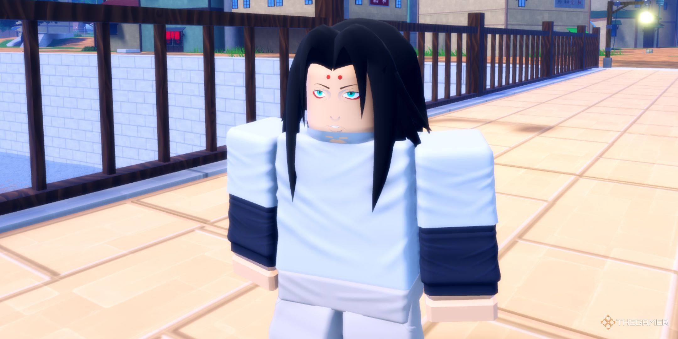 The player character stays on the bridge in the Hidden Leaf village in Ninja Time.