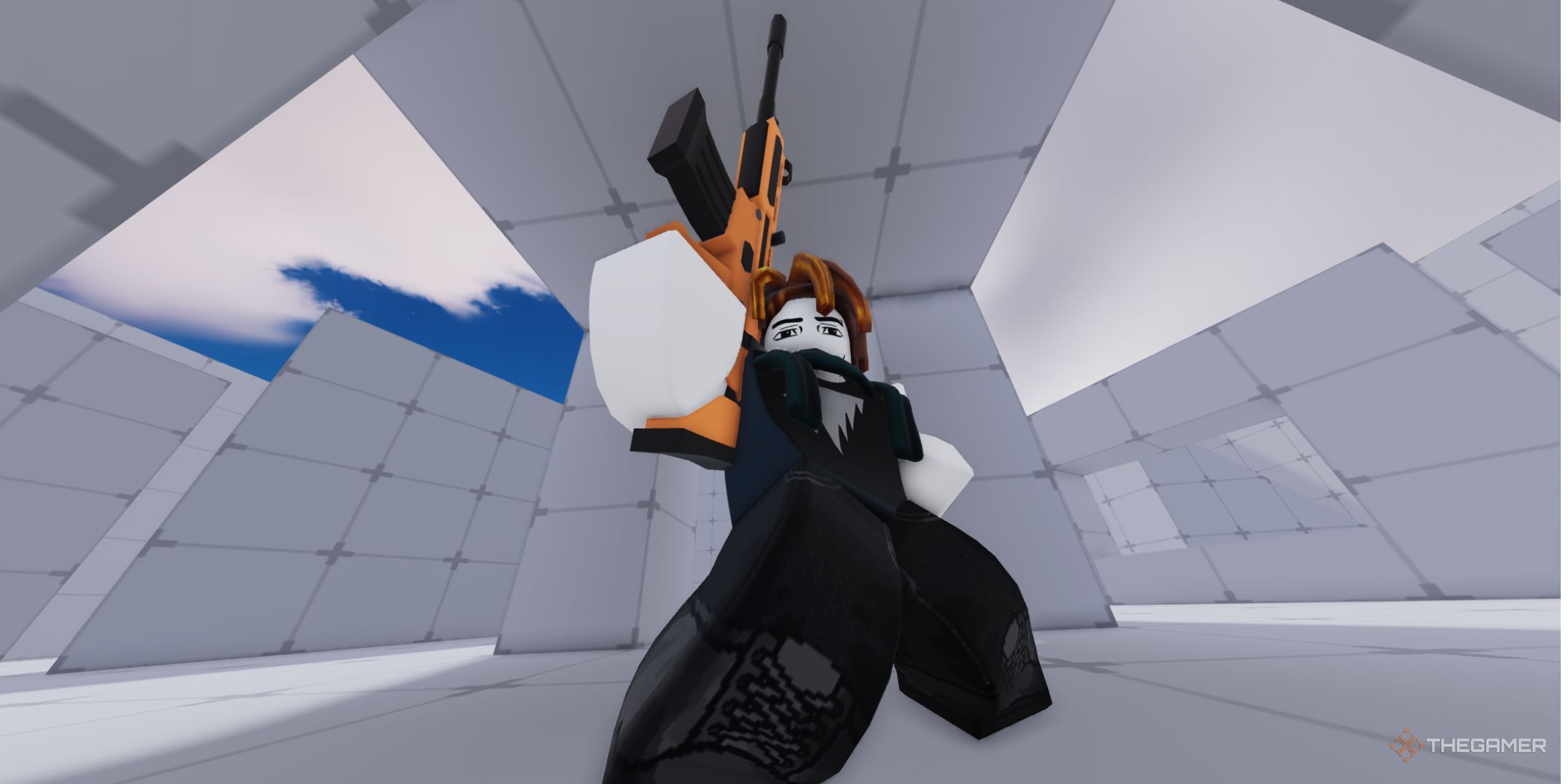 The player character holding a gun with his right hand while smiling in Rivals.