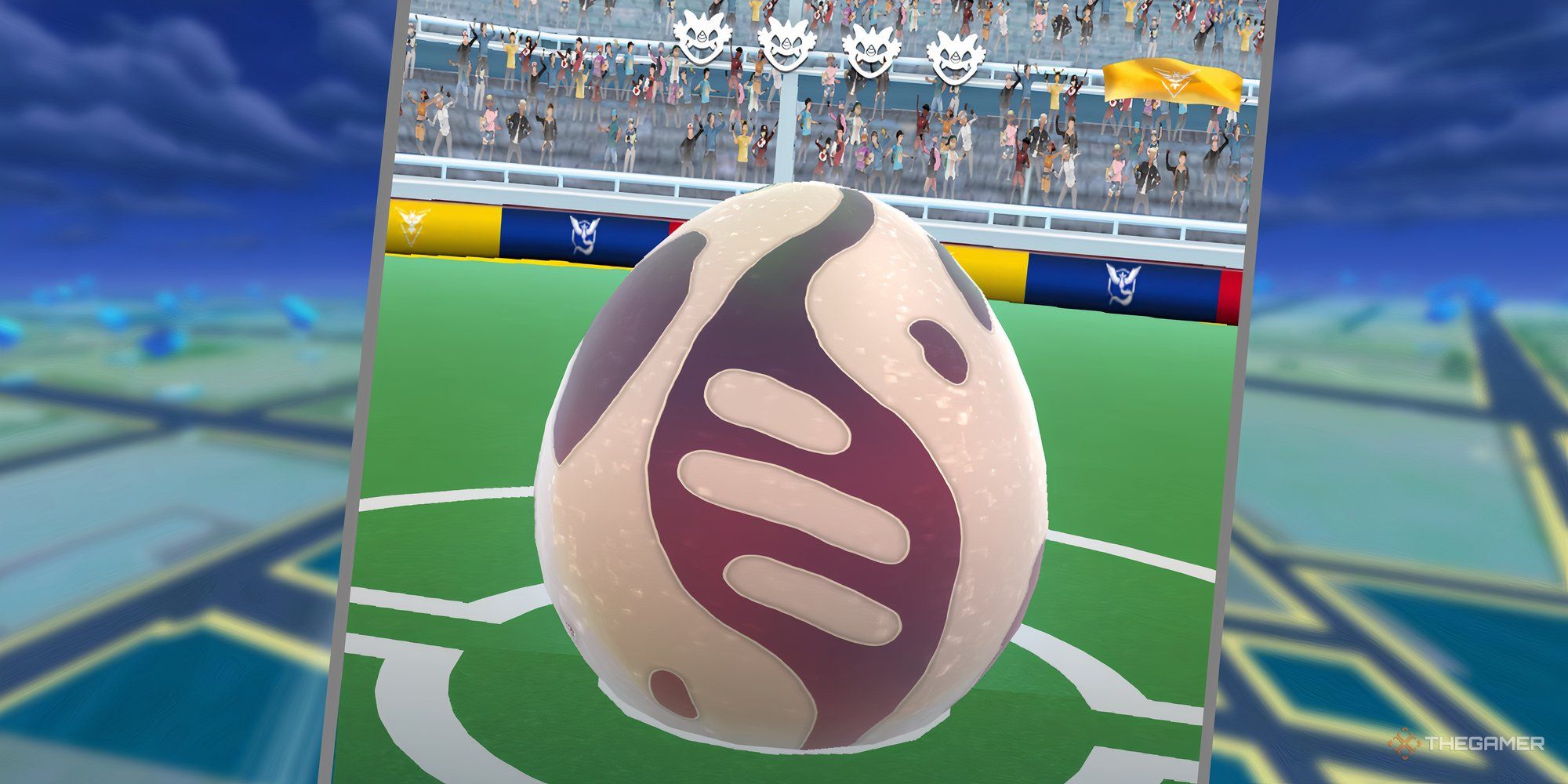Mega Raid Egg from Pokemon Go with the Pokemon Go map in the background.